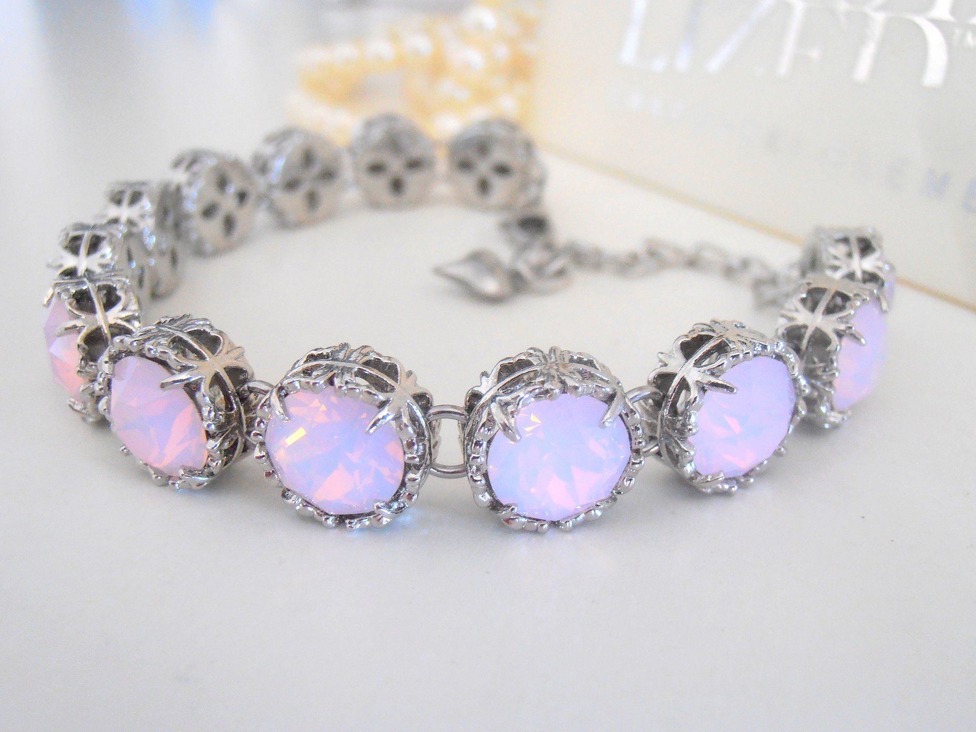 Rose Water Opal Crystal Bracelet, Art Deco Wedding Bracelet, Platinum Filigree Bridal Jewelry for Women, Birthday Gift for her