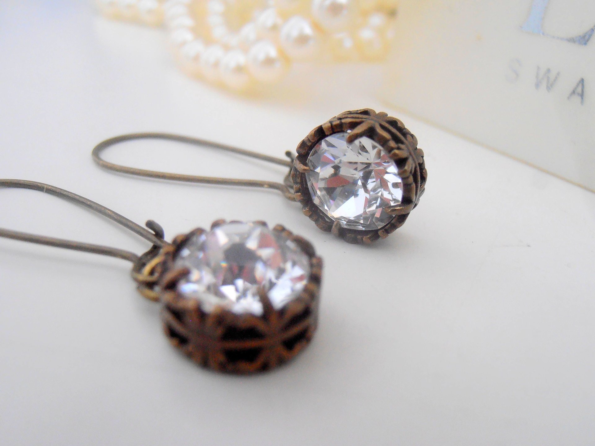 Crystal Long Threader Earrings / Antique Bronze Jewelry / Vintage Dangle Filigree / Christmas Gift