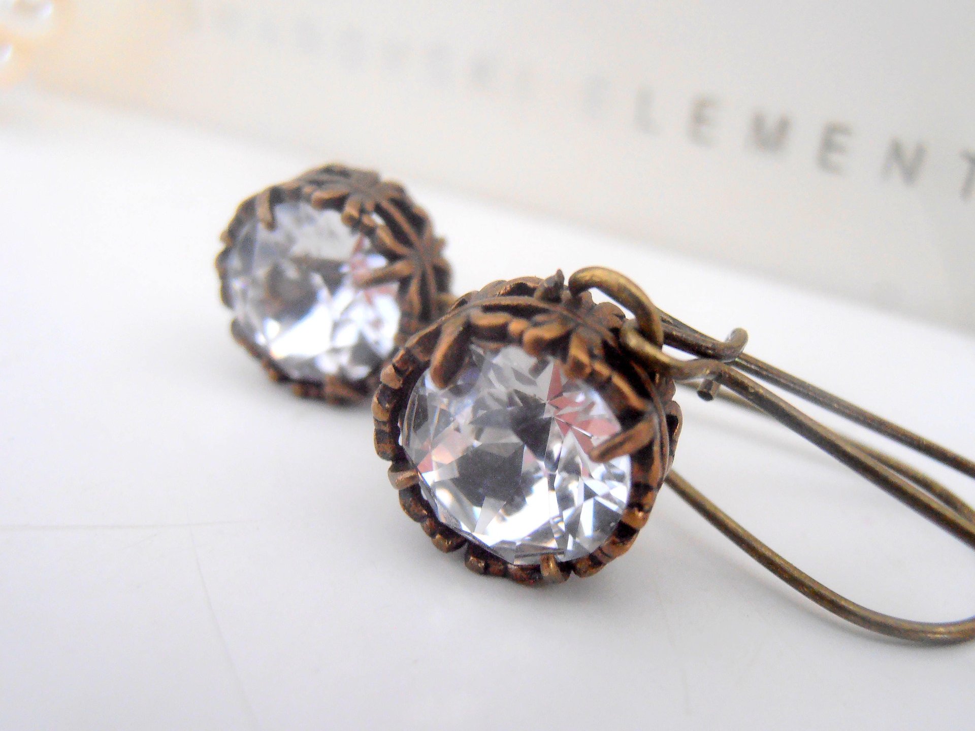 Crystal Long Threader Earrings / Antique Bronze Jewelry / Vintage Dangle Filigree / Christmas Gift