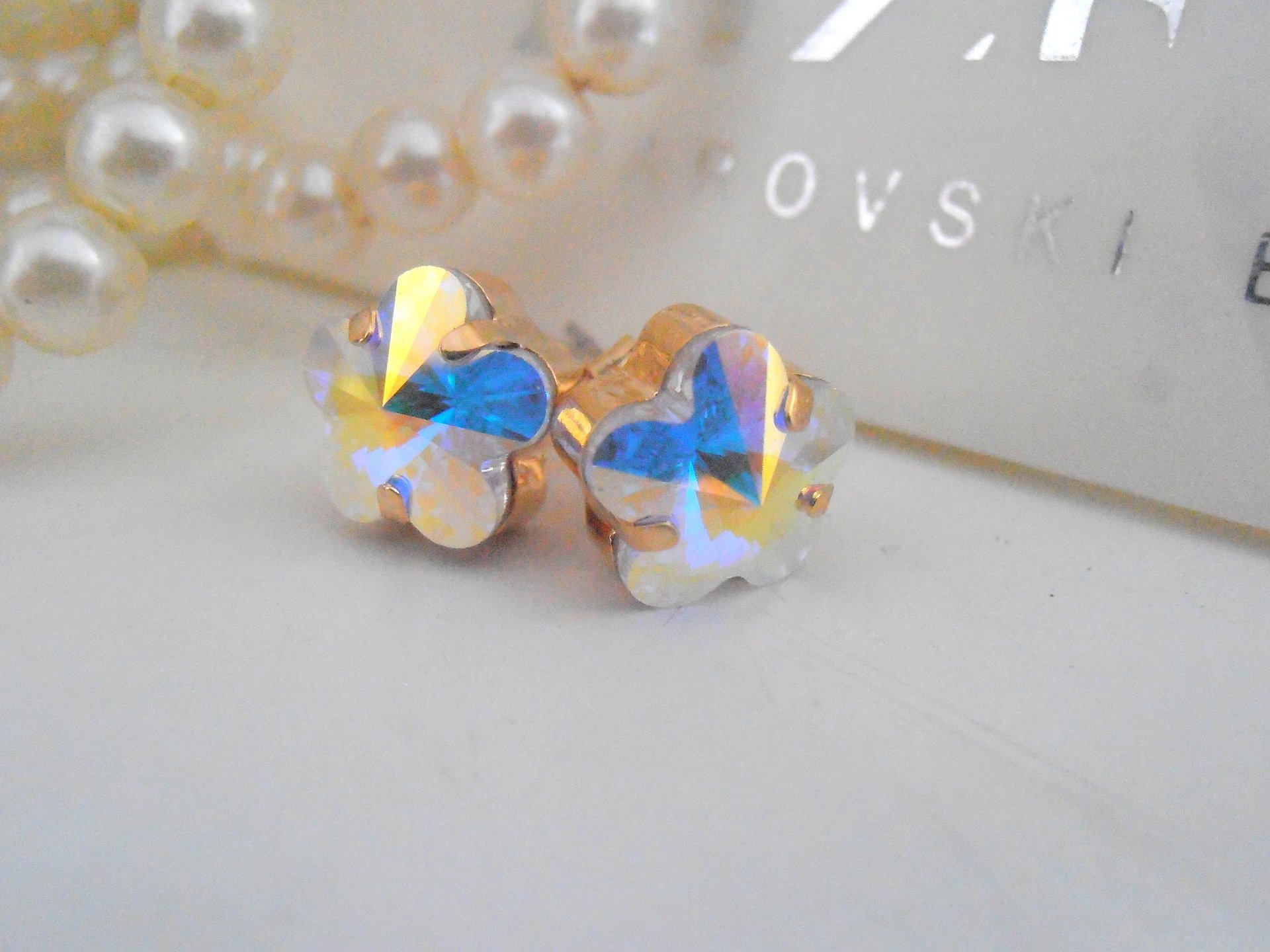 Aurora Borealis Flower Crystal Stud Earrings, Dainty Wedding Post Pierced Earrings, Bridal Golden Jewelry, Mother's day Gift for her