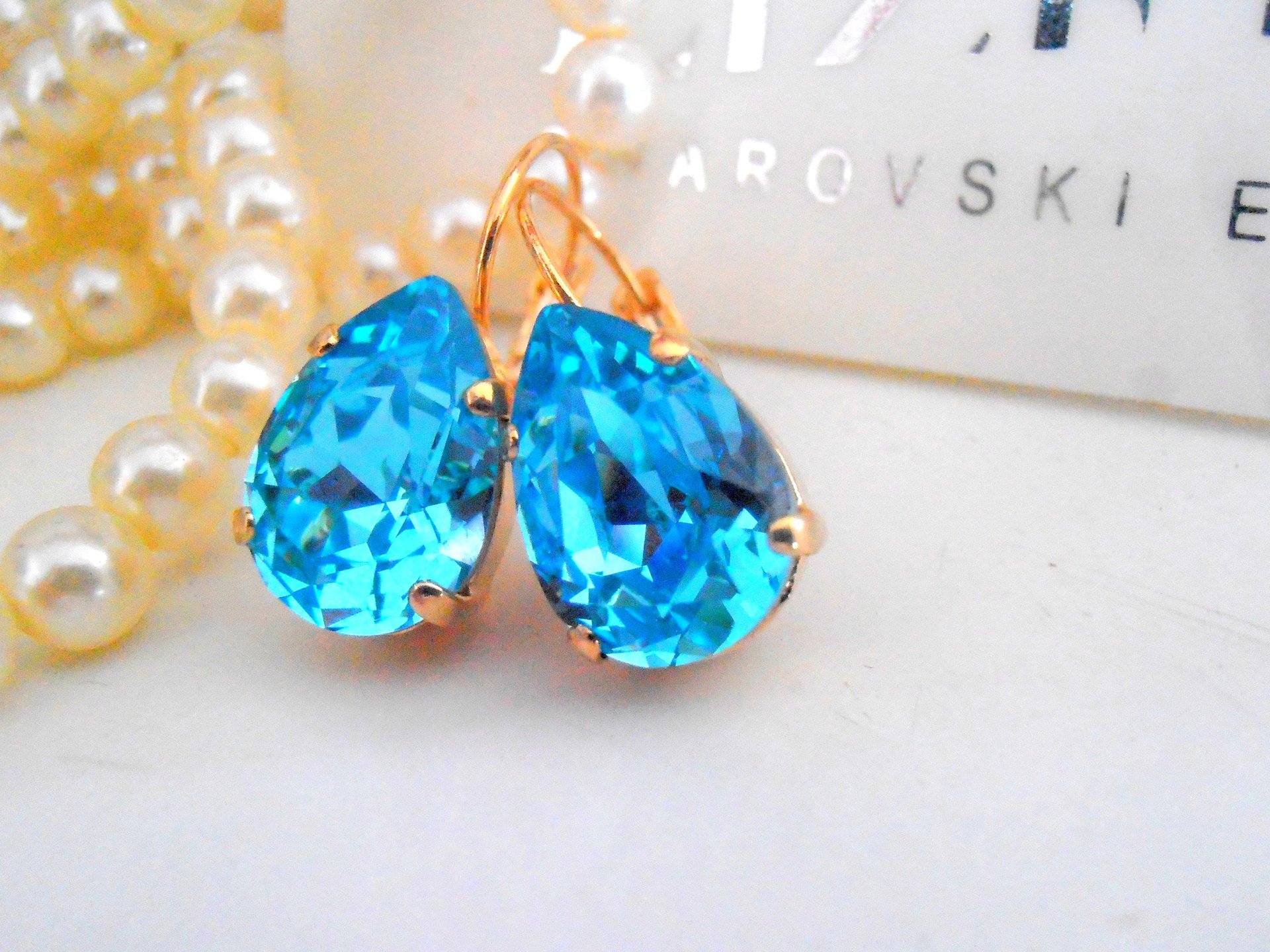 Light Turquoise Tear drop Earrings, Wedding Bridesmaids Gold Jewelry, Bridal Lever back Pear Setting, Birthday Gift