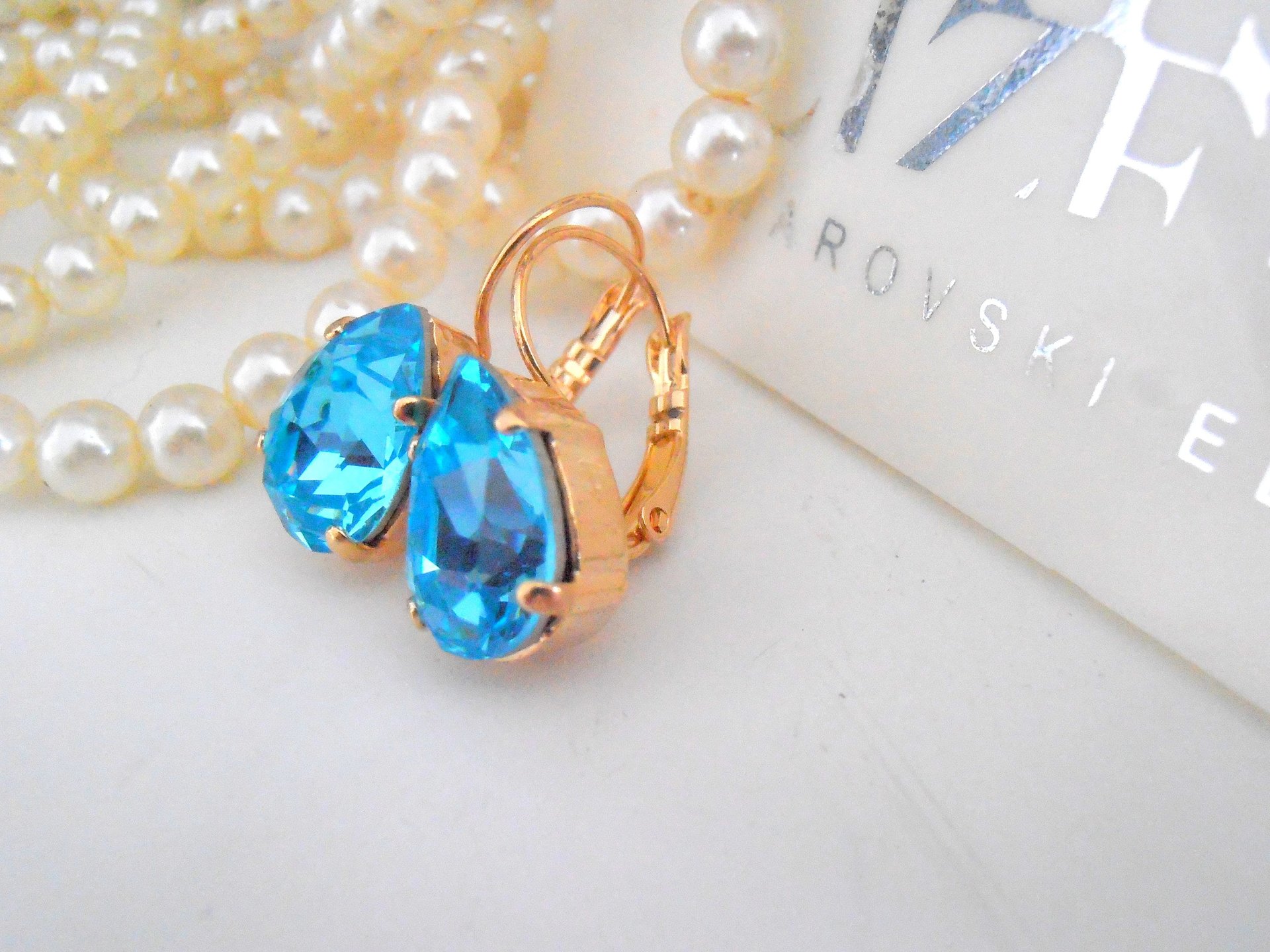 Blue Aquamarine Teardrop Crystal Earrings in Gold Plated