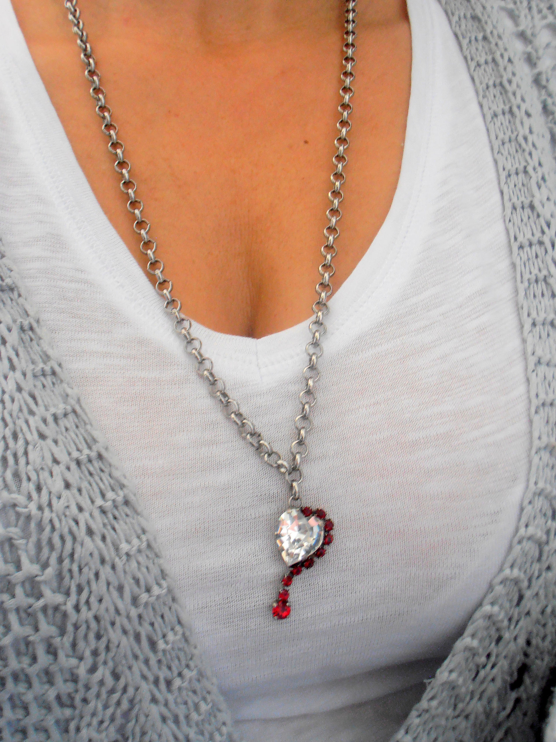 Ruby Heart Charm Necklace in Antique Silver, Bohemian Long Chain Pendant, Women Zamak Crystal Jewelry, Love Gift for her