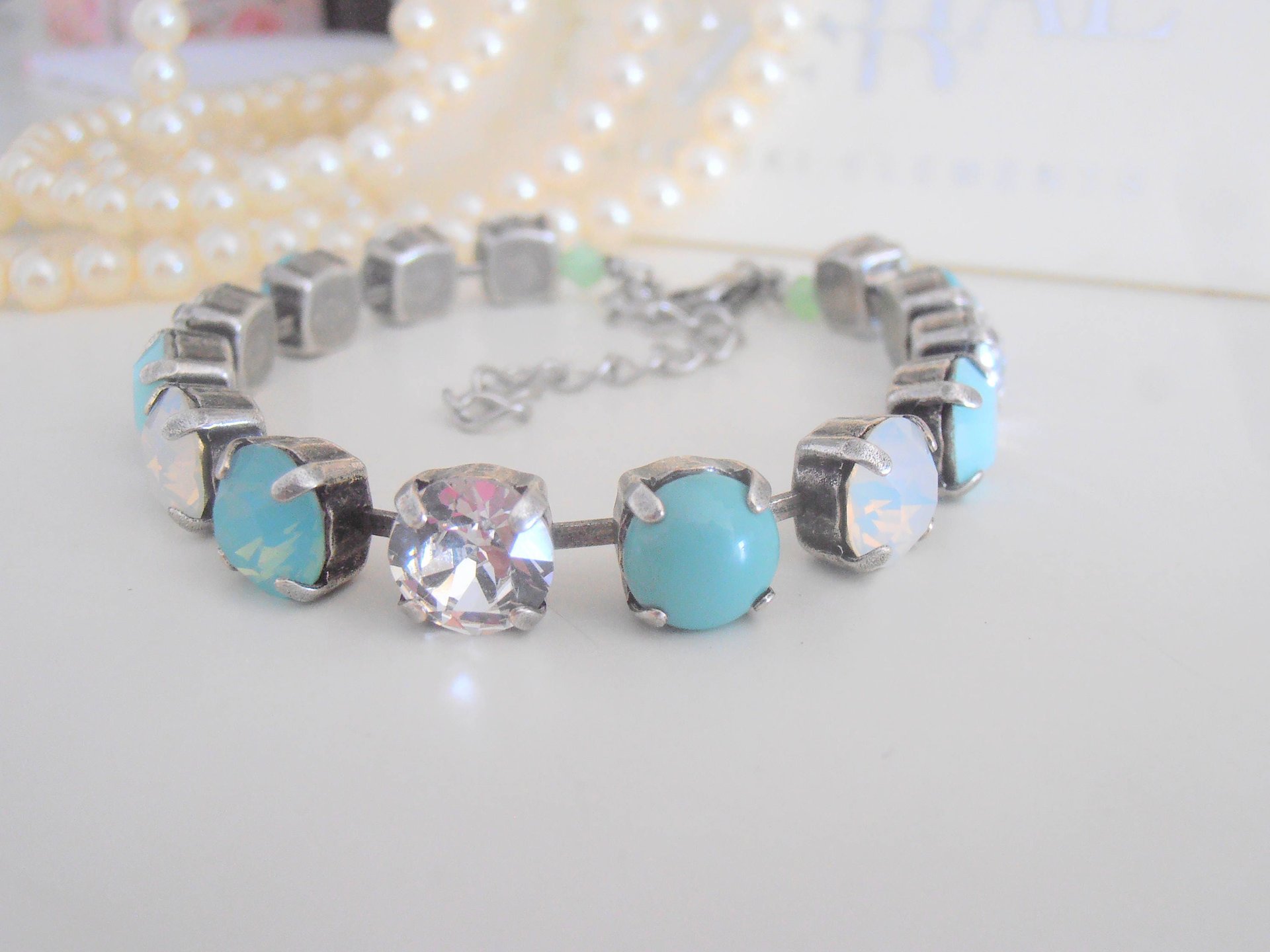 Mint Crystal Tennis Bracelet / Pacific Opal Chatons / Antique silver Jewelry / Round Cup chain / Fashion Accessories