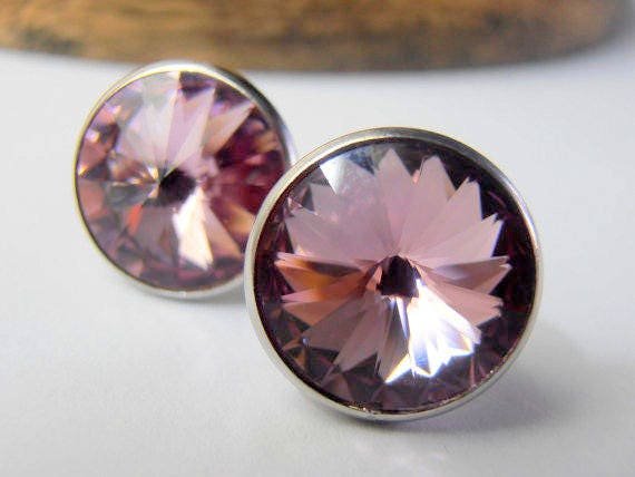 Light Amethyst Rivoli Stud Earrings / 12mm Round Post Pierced Earring / 1122 / Christmas Gift / Fashion Jewelry / Birthday