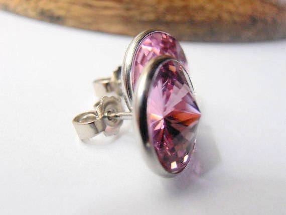 Light Amethyst Rivoli Stud Earrings / 12mm Round Post Pierced Earring / 1122 / Christmas Gift / Fashion Jewelry / Birthday