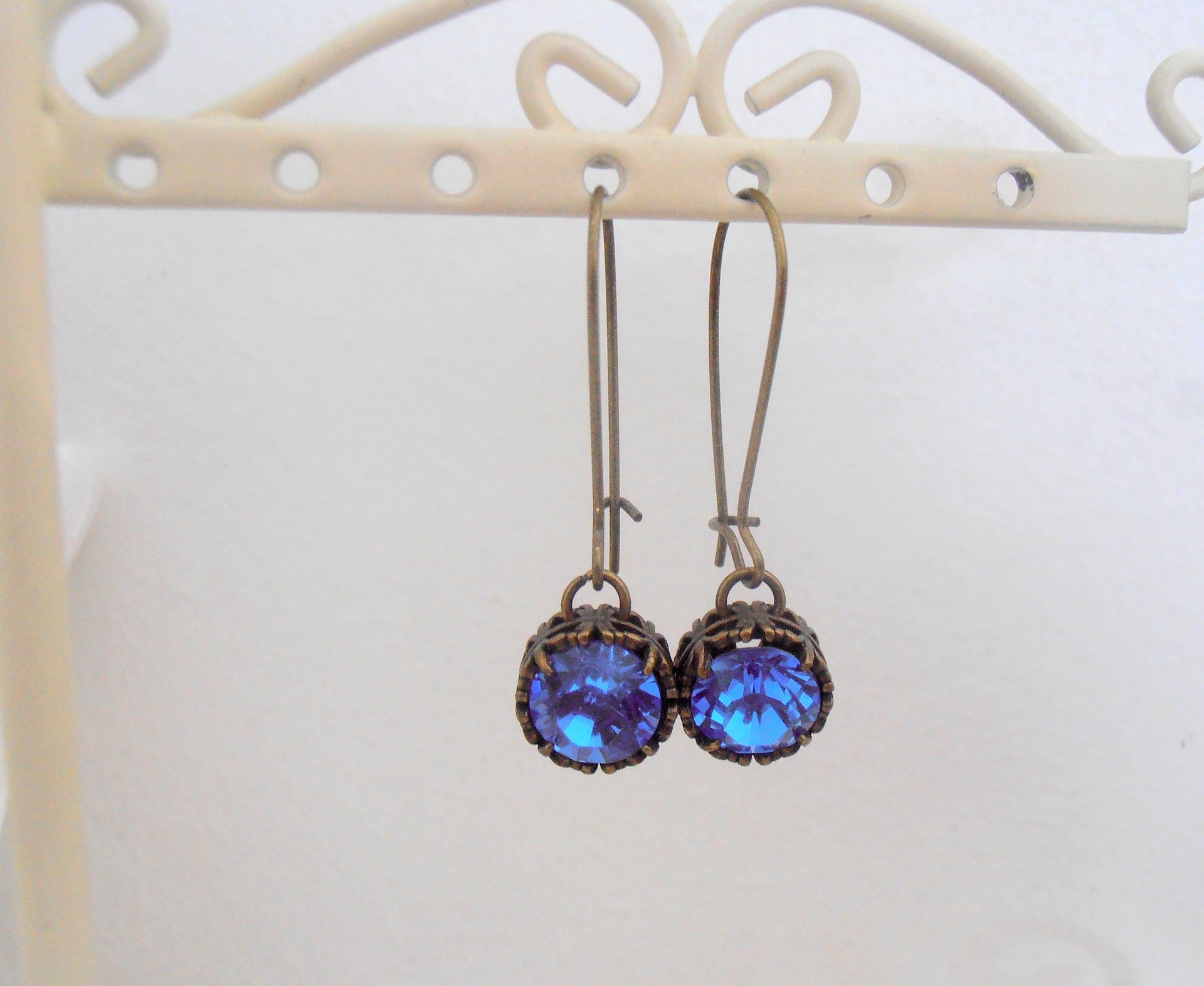 Sapphire Threader Earrings / Crystal Blue Long Drop Thread Jewelry / Art Deco Dangle / Antique Bronze Filigree / Christmas