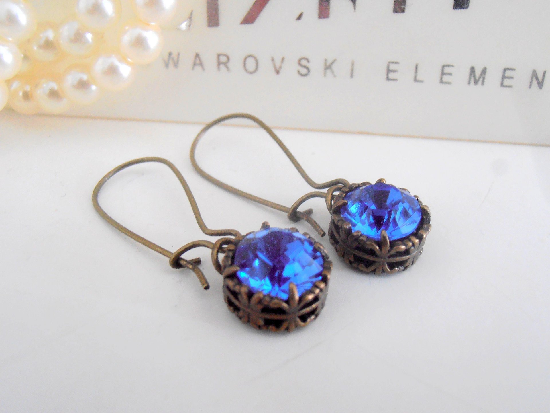 Sapphire Threader Earrings / Crystal Blue Long Drop Thread Jewelry / Art Deco Dangle / Antique Bronze Filigree / Christmas