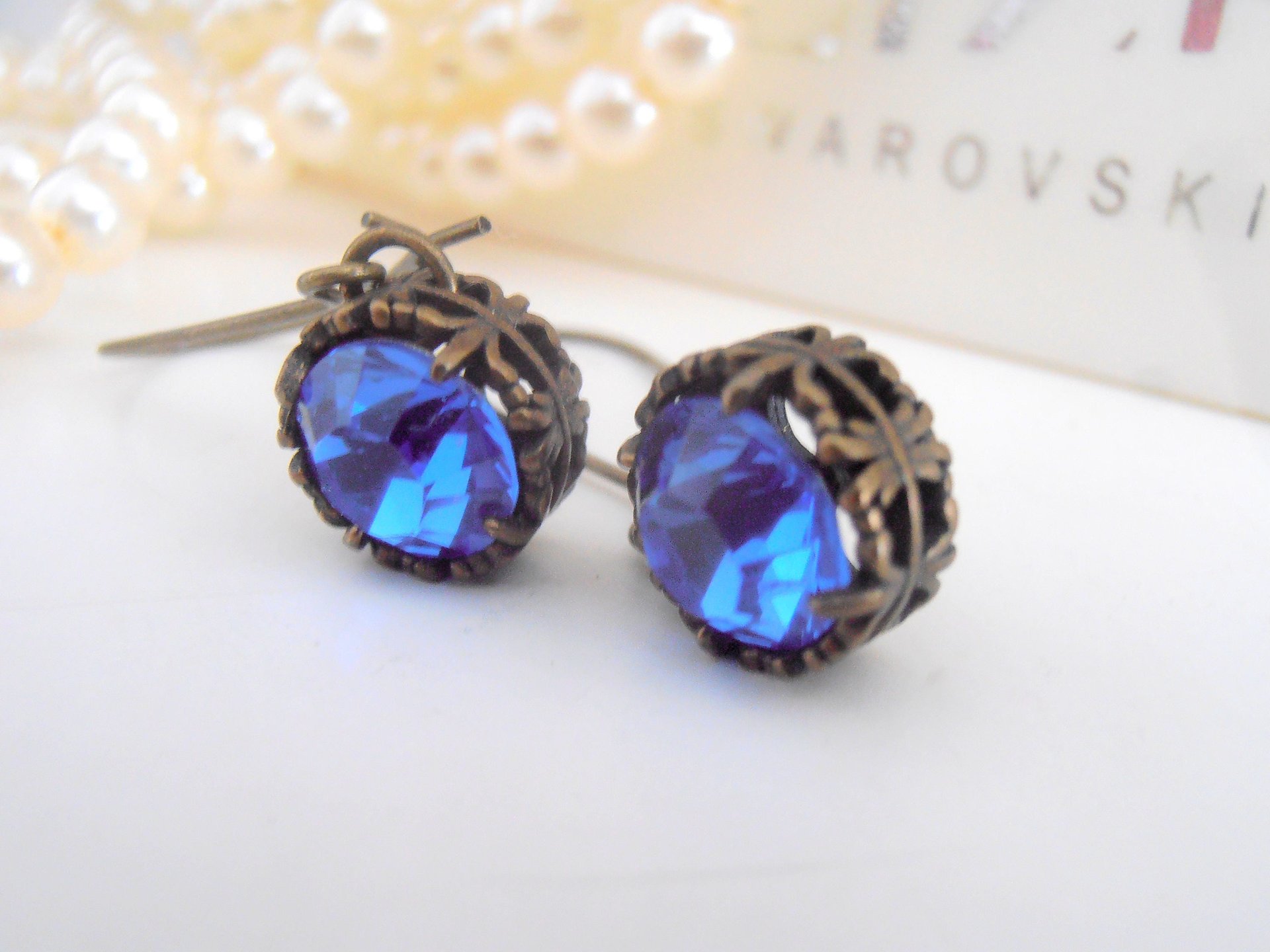 Sapphire Threader Earrings / Crystal Blue Long Drop Thread Jewelry / Art Deco Dangle / Antique Bronze Filigree / Christmas