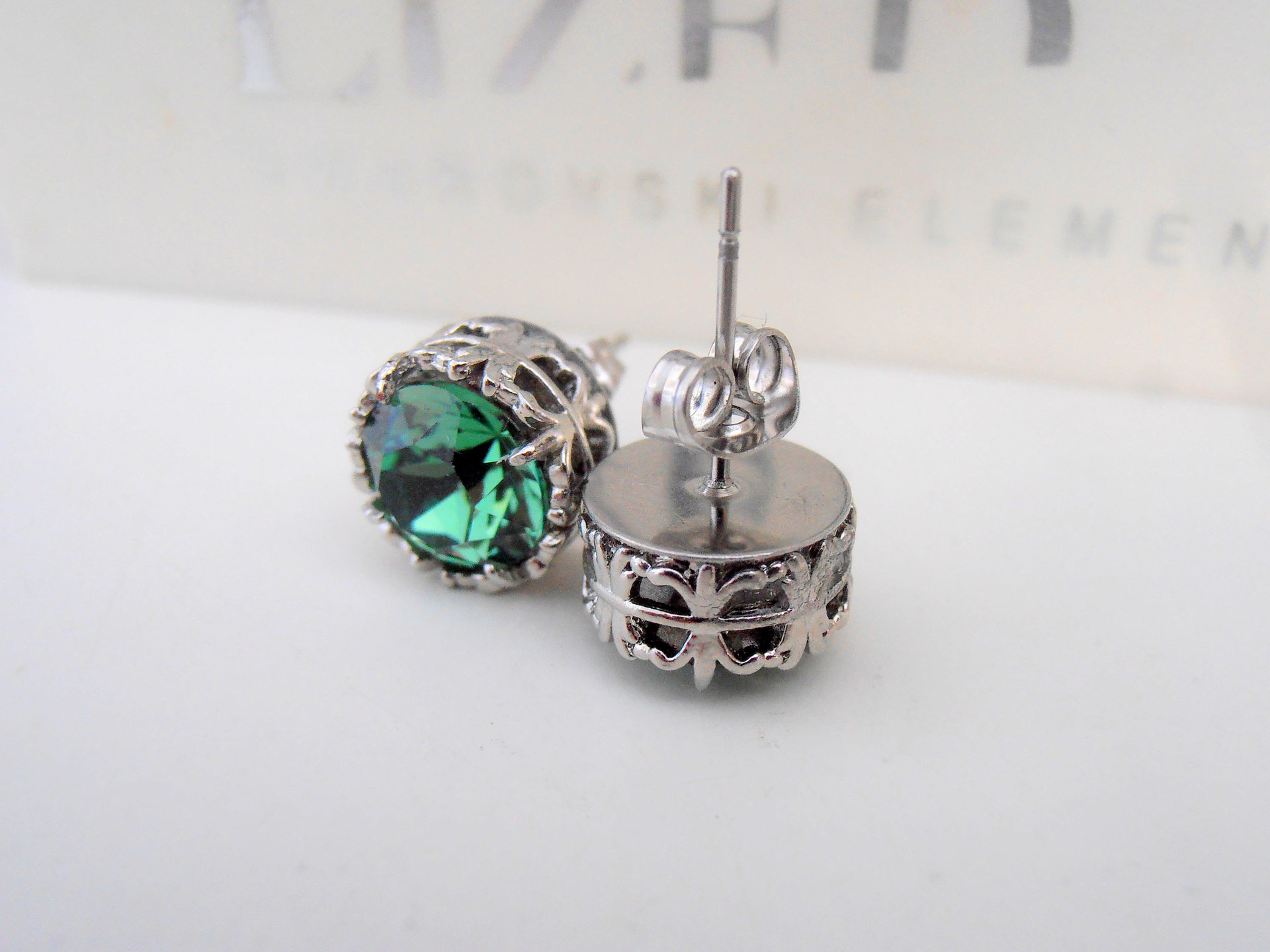 Erinite Pine Green Stud Crystal Earrings, Art Deco Jewelry, Filigree Pierced Post Earrings, Girl Birthday Gift