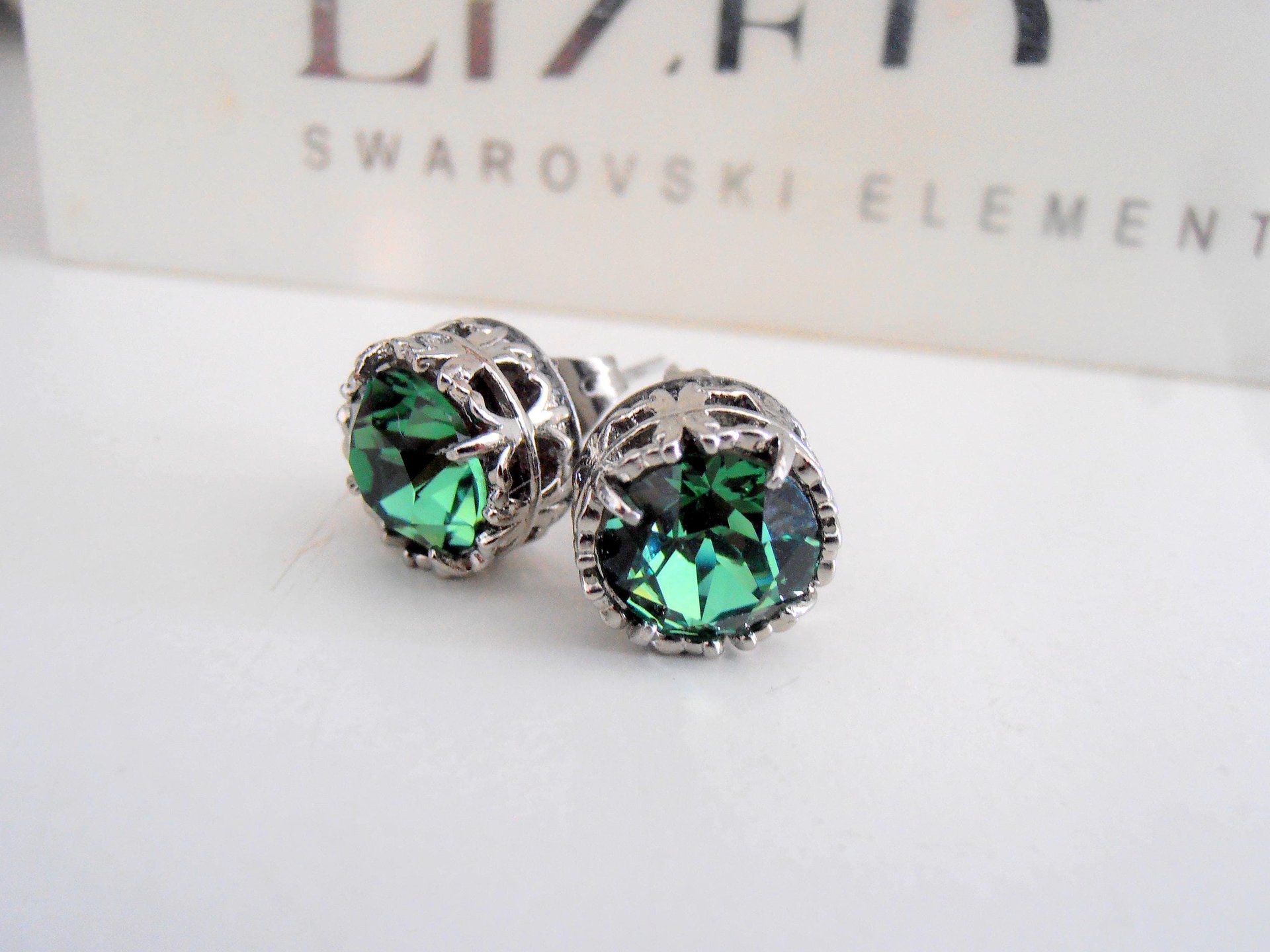 Erinite Pine Green Stud Crystal Earrings, Art Deco Jewelry, Filigree Pierced Post Earrings, Girl Birthday Gift