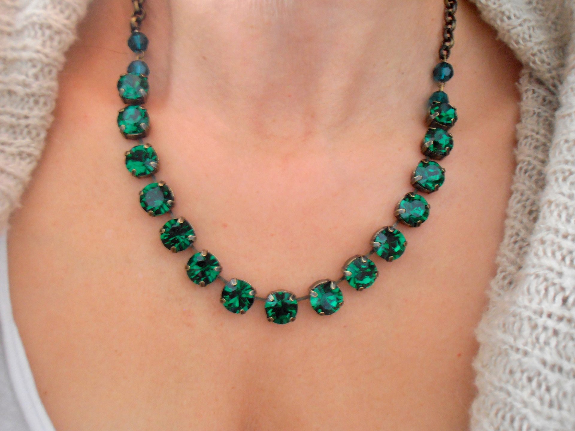 Emerald Tennis Necklace made with Crystal Chatons, Green Choker, Antique Jewelry, Bronze 10mm Cup chain, Georgian Collet