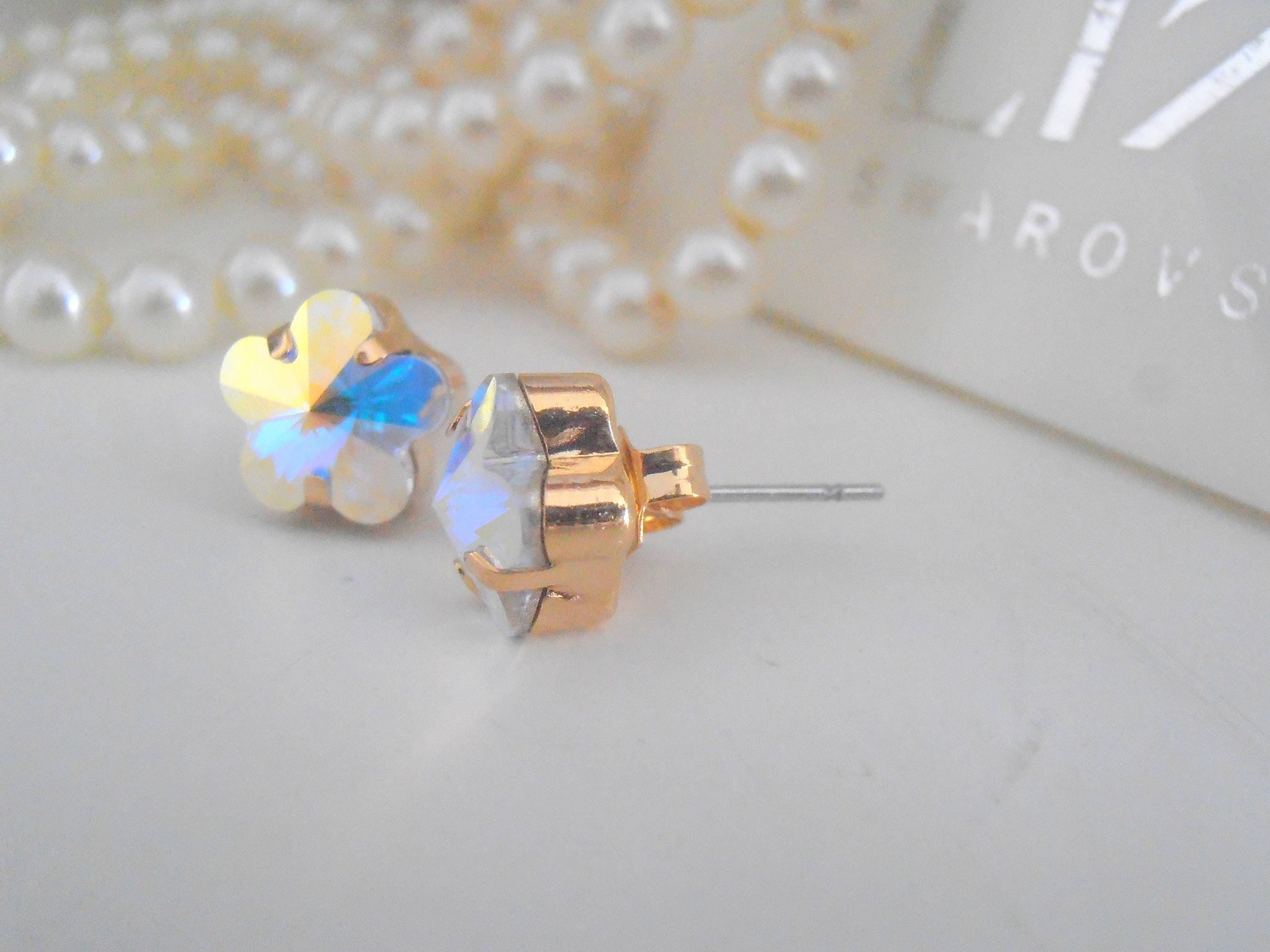 Aurora Borealis Flower Crystal Stud Earrings, Dainty Wedding Post Pierced Earrings, Bridal Golden Jewelry, Mother's day Gift for her