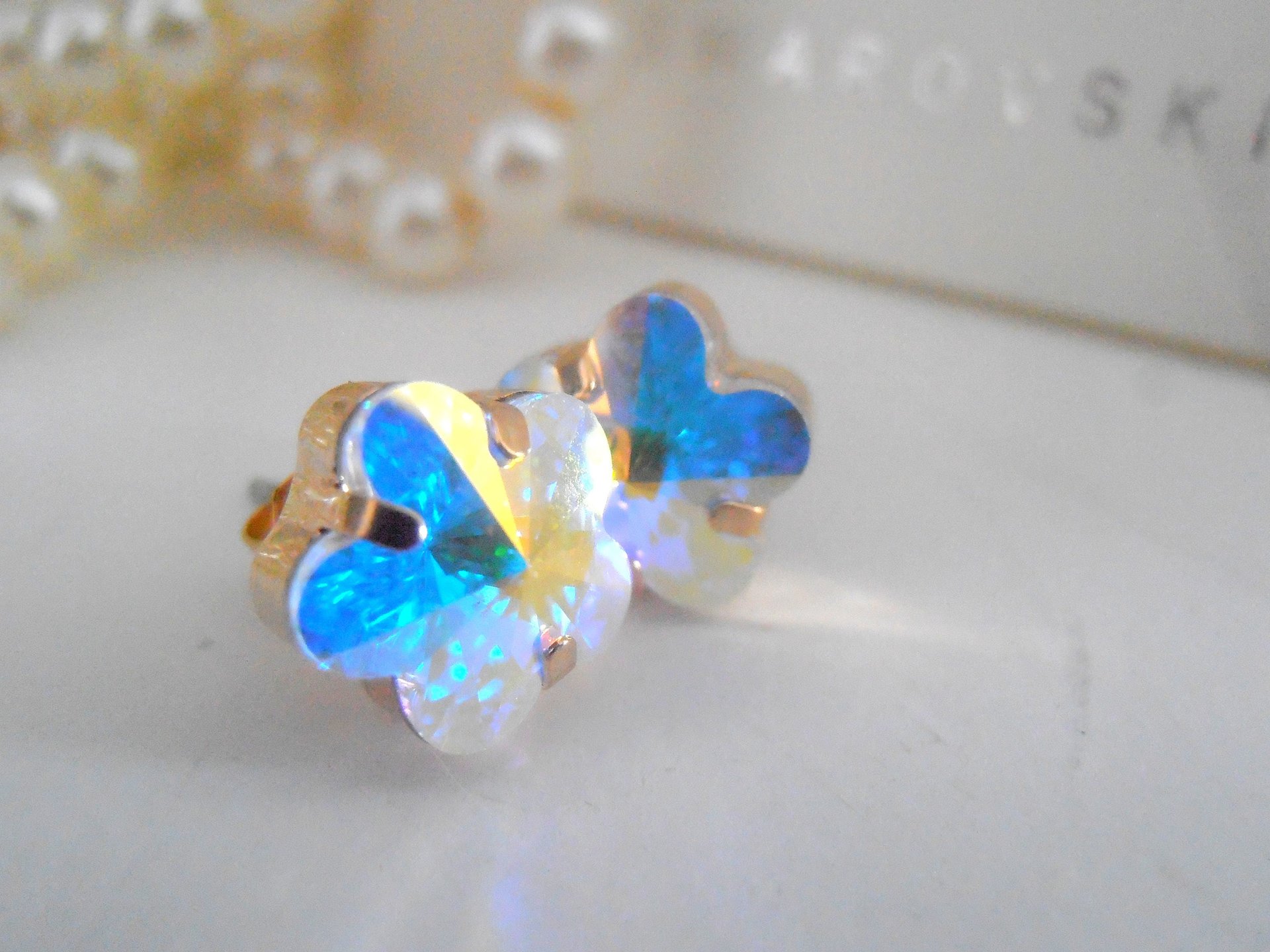 Aurora Borealis Clover Earrings in Gold Plating | Summer Floral Jewelry 