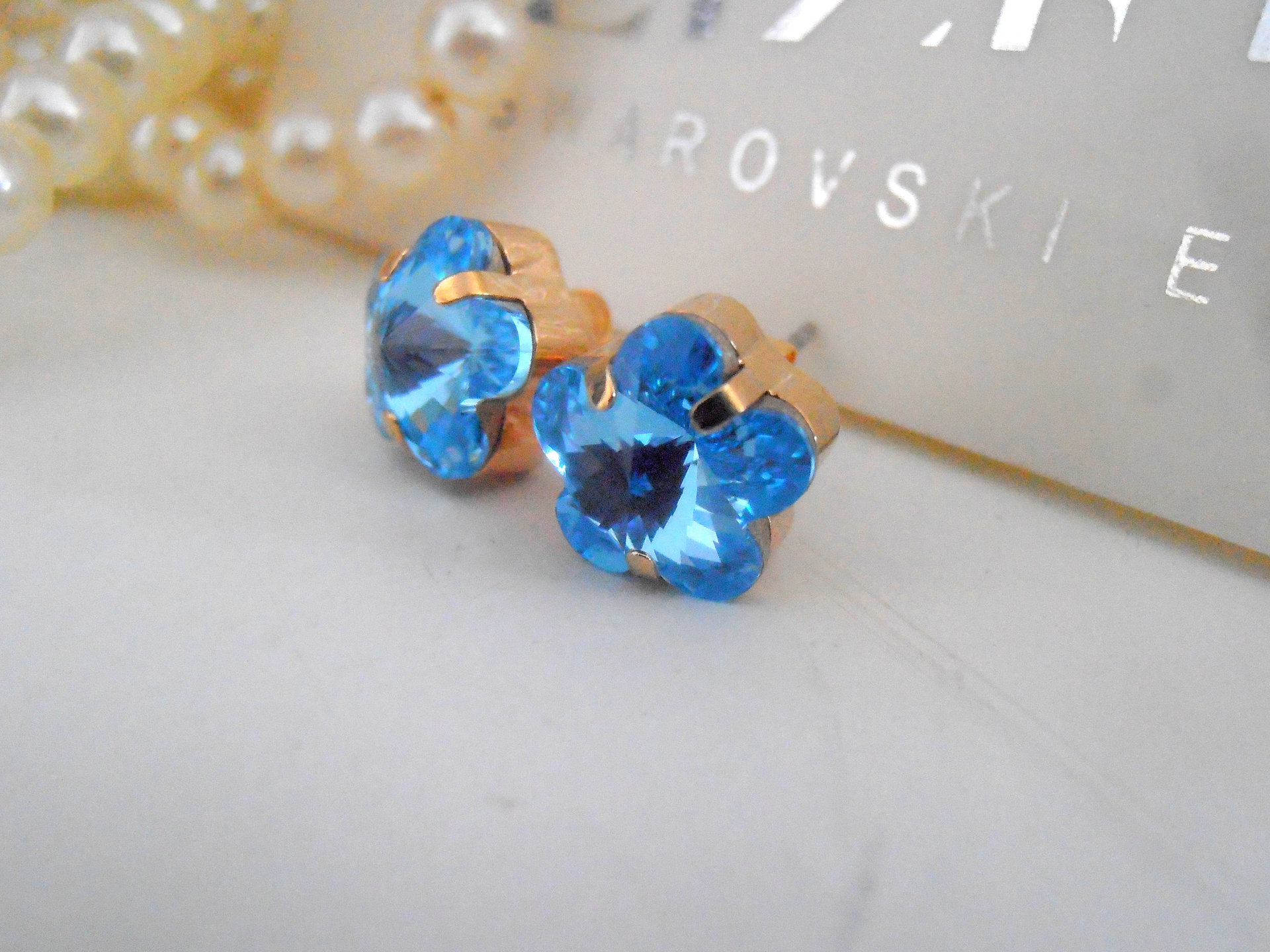 Aquamarine Blue Crystal Flower Earring Studs 10mm, Wedding Post Earrings, Bridal Jewelry, 14K Gold Pierced Dainty Earring, Christmas Gift