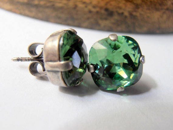 Erinite Crystal Cushion Cut Studs, Pine Green Earrings, Antique Silver Jewellery, Women's Jewelry Gift, Square Post Studs