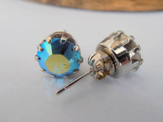 Blue Aquamarine AB Crystal Stud Earrings in Silver Plated