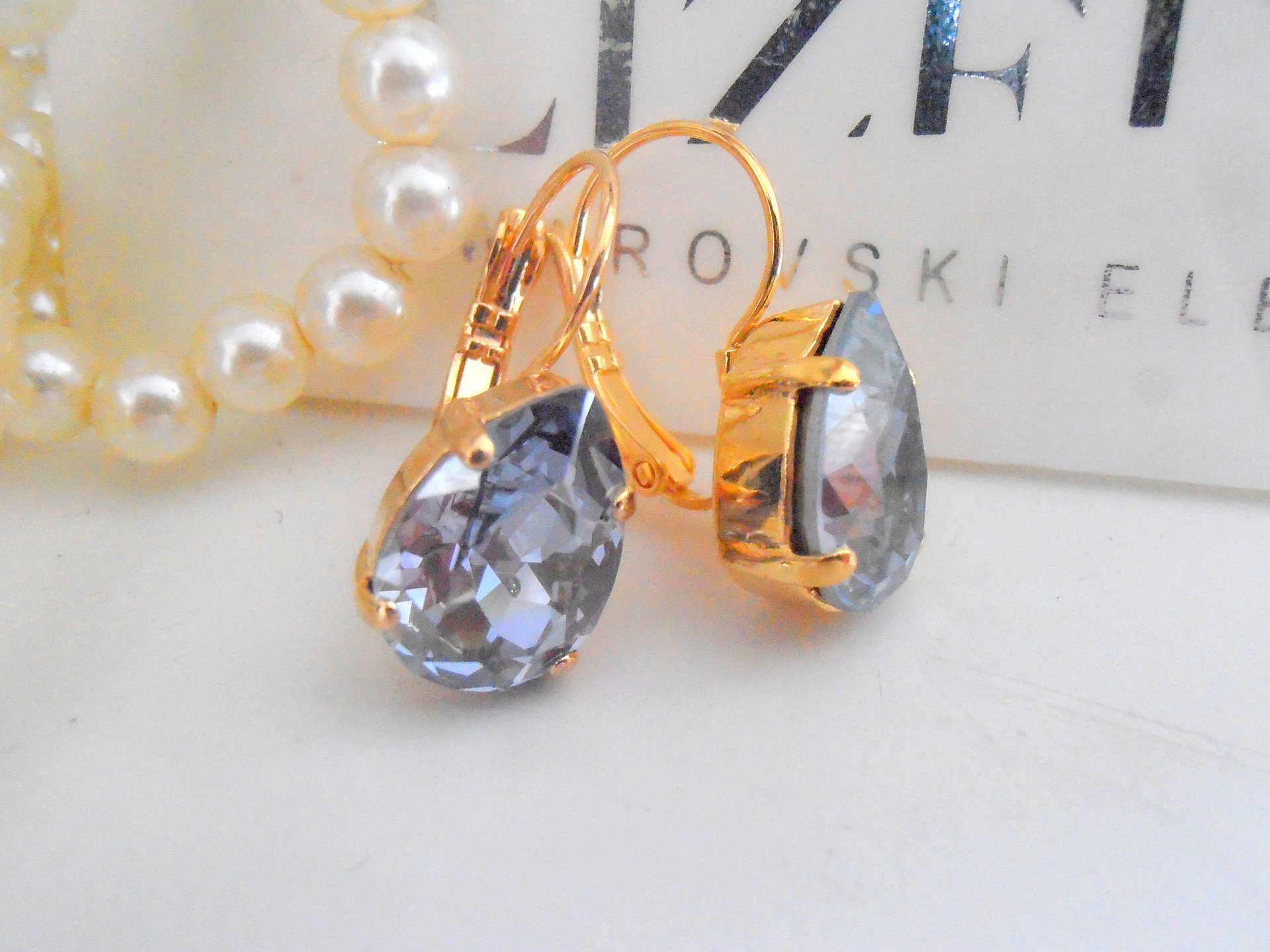 Blue Shade Pear Crystal Earrings / Wedding Jewelry / Teardrop Gold Earrings / Bridesmaids /  Leverback Setting / Birthday Gift