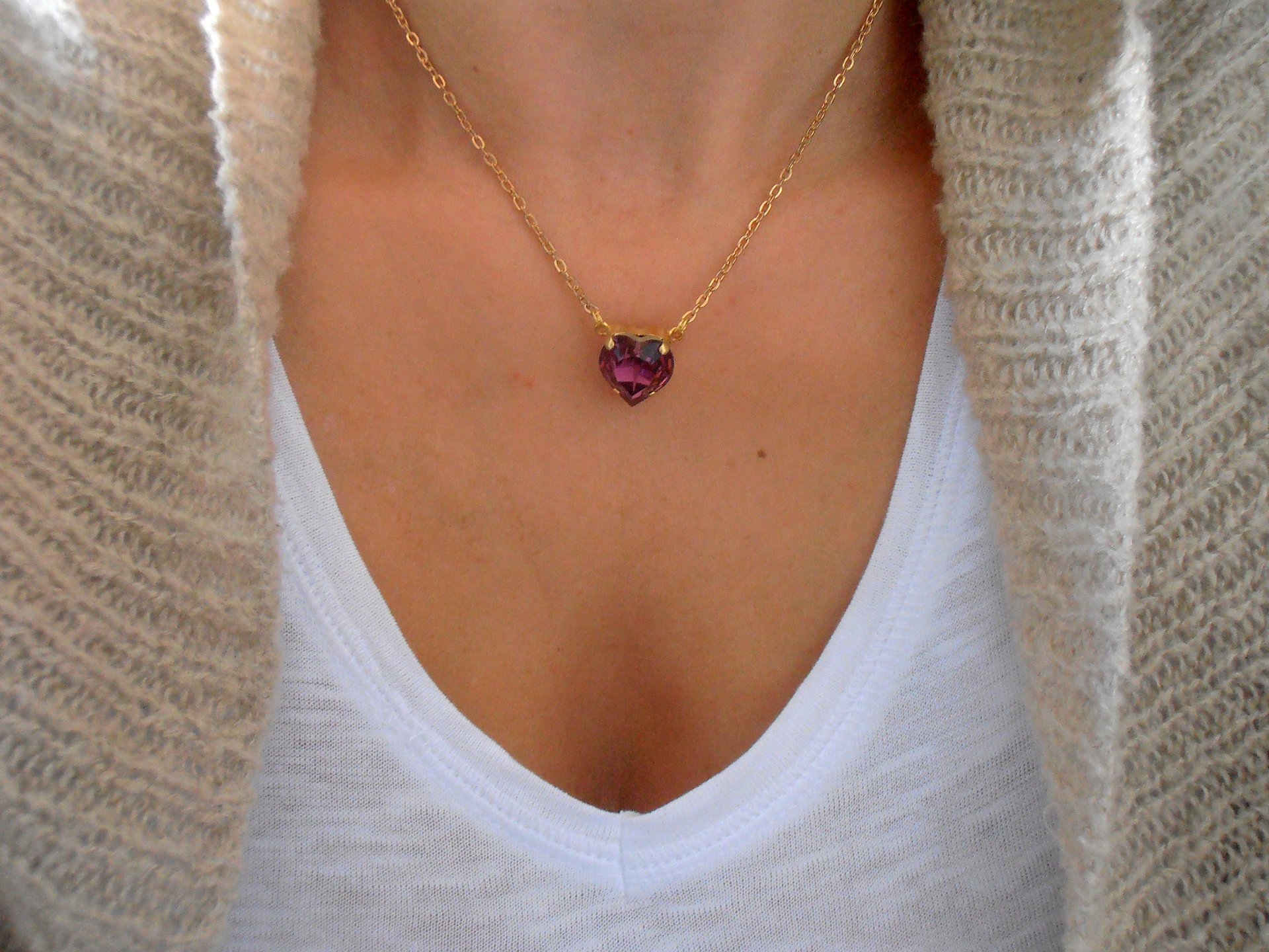 Amethyst Heart Crystal Necklace / Dainty Pendant / Purple Stone / Layered Necklace / Surgical Steel 14K Gold Plated Chain