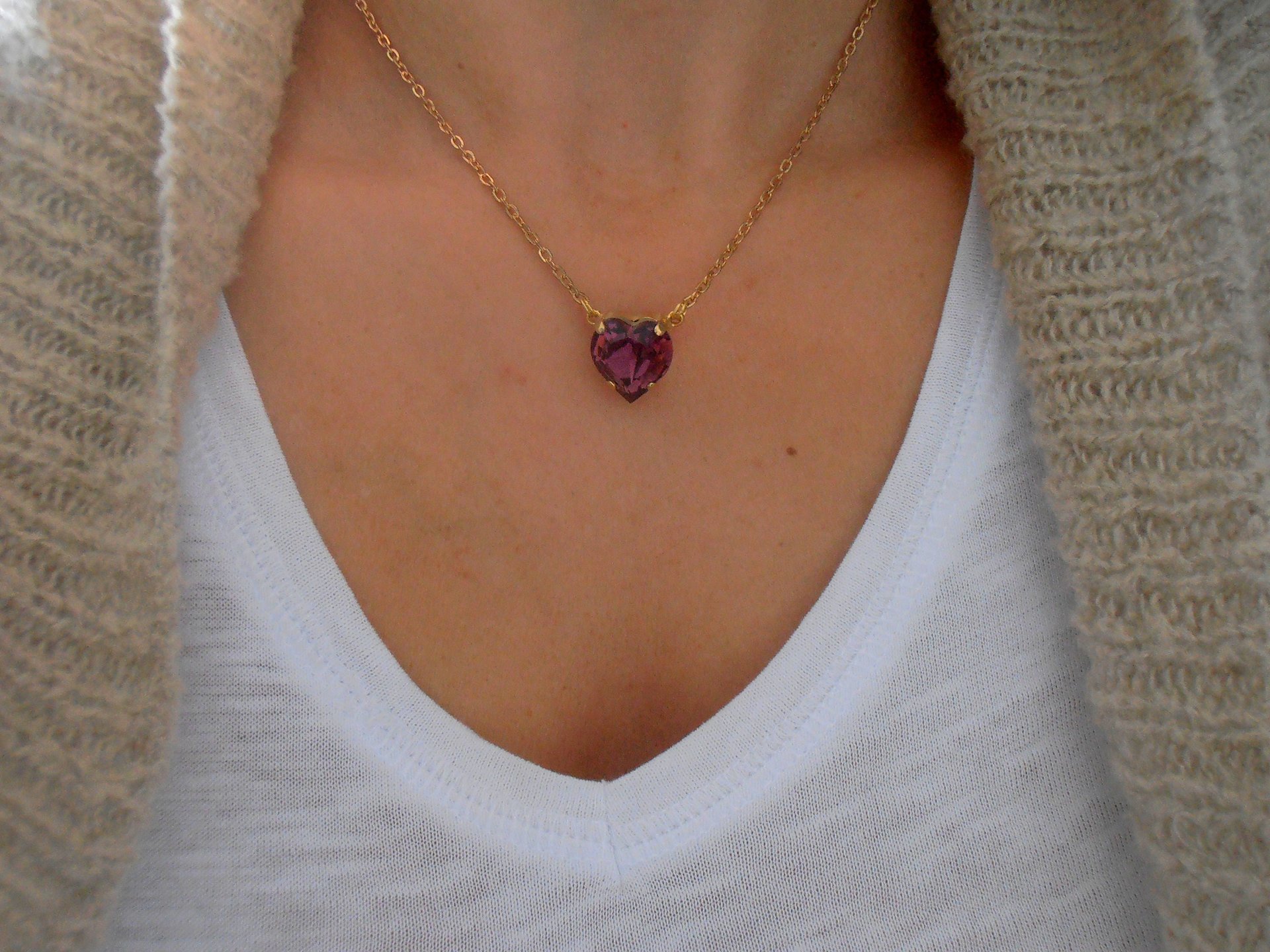 Amethyst Heart Crystal Necklace / Dainty Pendant / Purple Stone / Layered Necklace / Surgical Steel 14K Gold Plated Chain