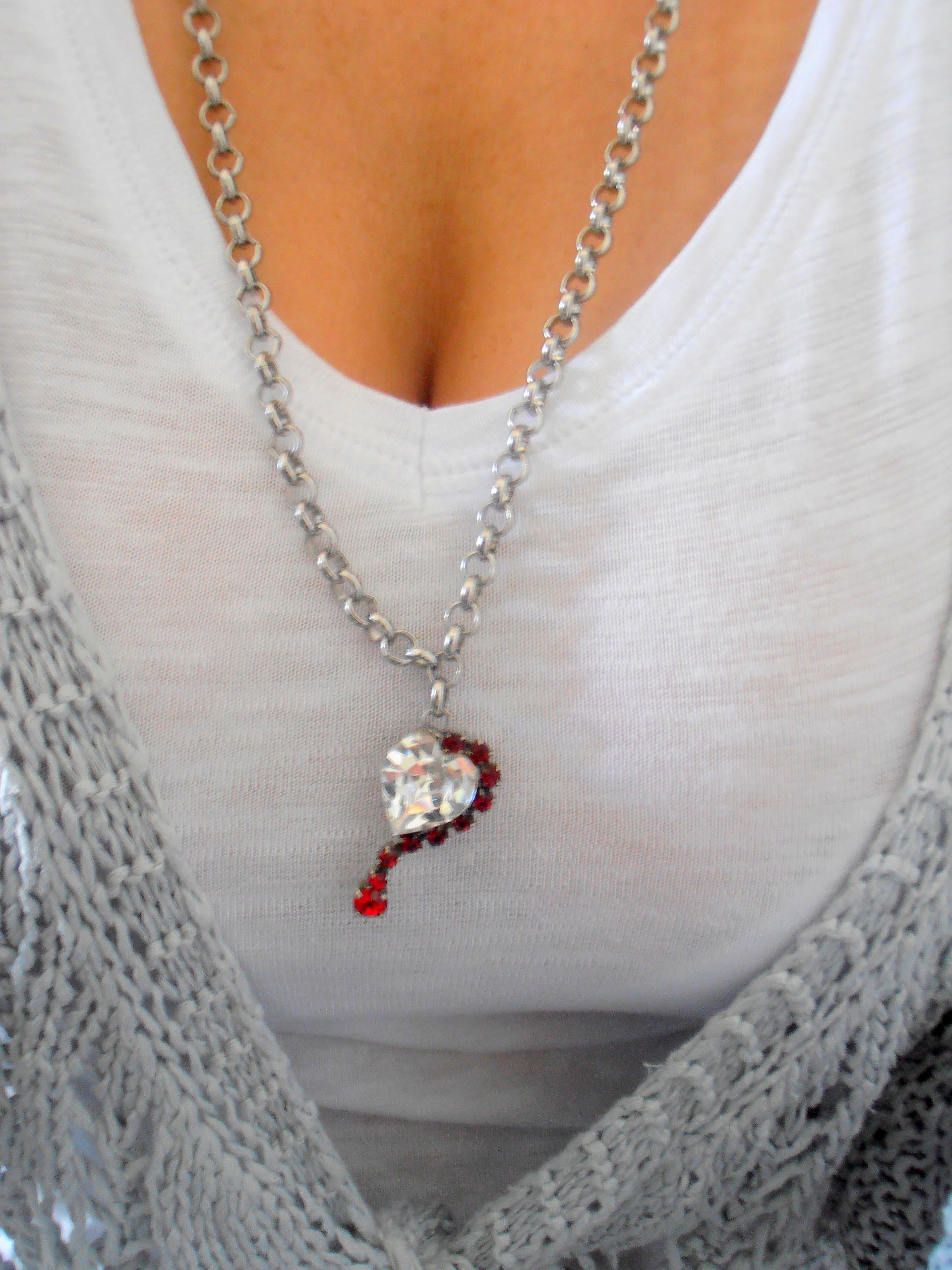 Ruby Heart Charm Necklace in Antique Silver, Bohemian Long Chain Pendant, Women Zamak Crystal Jewelry, Love Gift for her