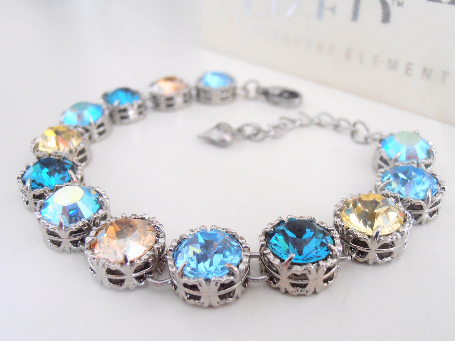 Turquoise Summer Blue Crystal Bracelet / Art Deco Platinum Filigree Jewelry / Womens Birthday Gift