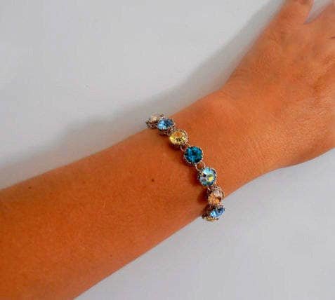 Turquoise Summer Blue Crystal Bracelet / Art Deco Platinum Filigree Jewelry / Womens Birthday Gift