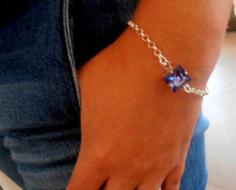 Tanzanite Blue Crystal Fancy Chain Bracelet 12mm / Bridesmaids Jewelry, Princess Square Cut, Wife Birthday gift