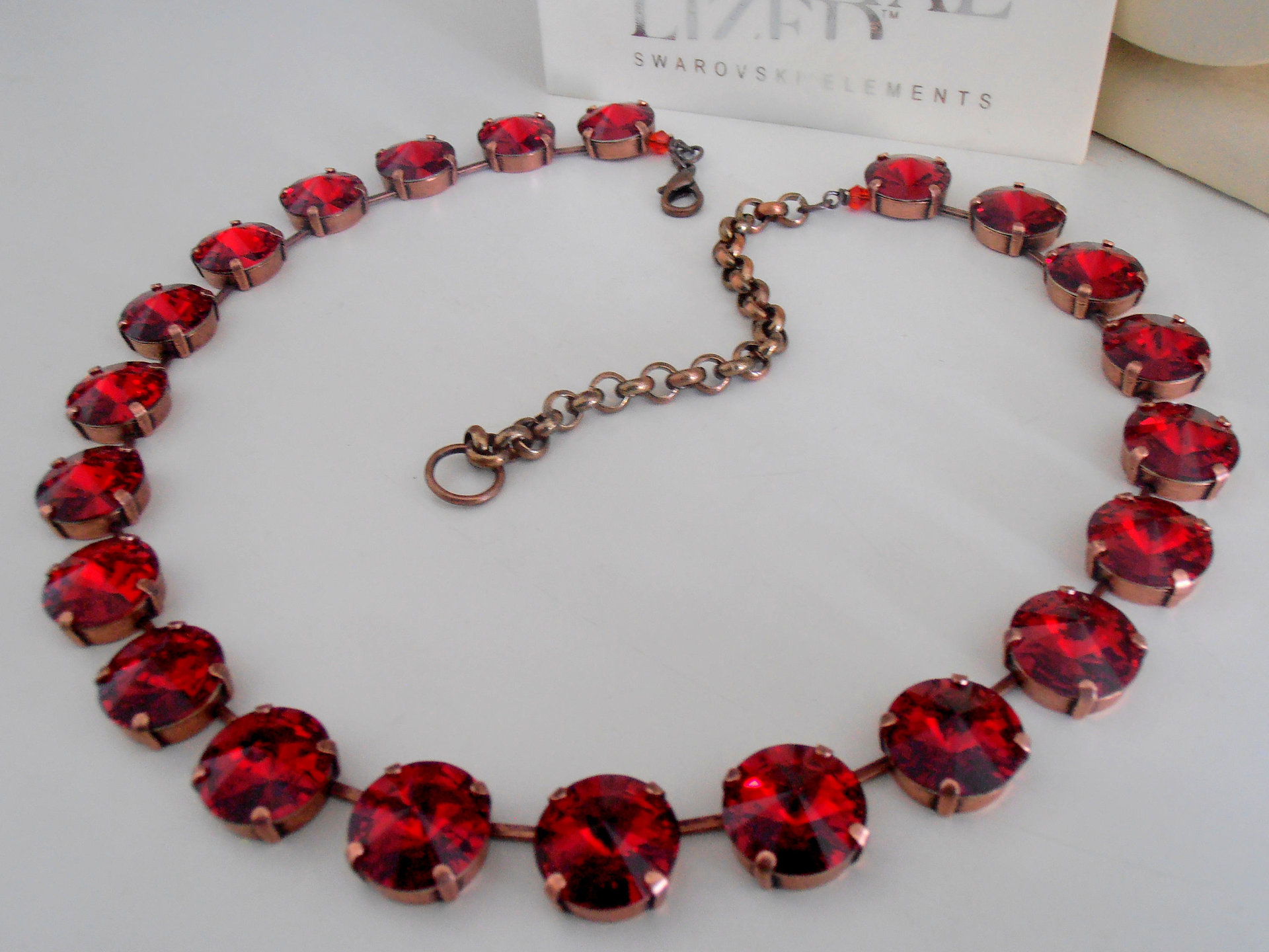 Ruby Red Copper Statement Collet Necklace, Anna Wintour, Valentine's Day Gift, Antique Jewelry, Rivoli Choker, Tennis 14mm Cup chain