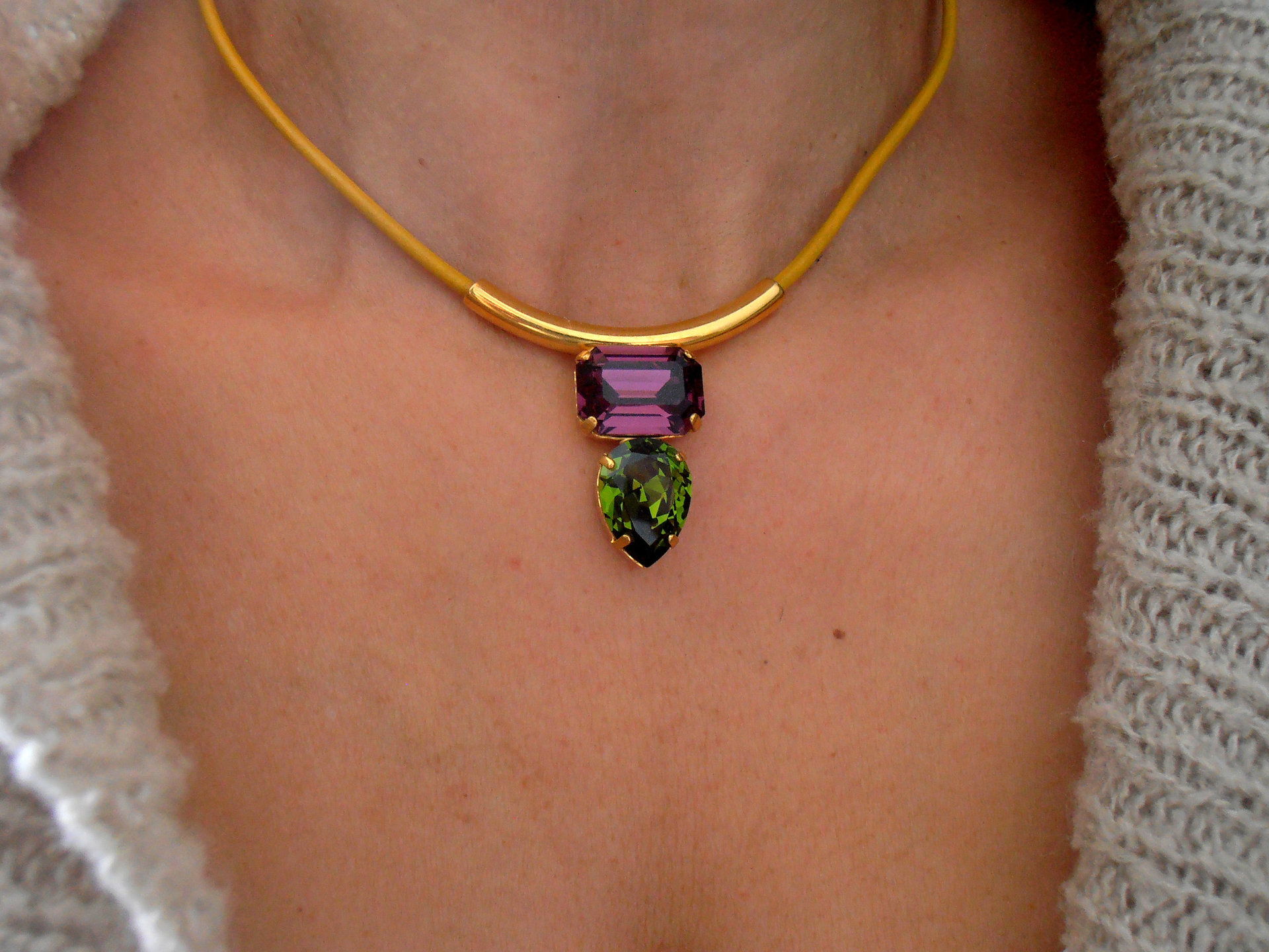 Yellow Leather Cord Tube Necklace with Fancy Crystals, Bohemian Gold Choker, Boho Jewelry, Olivine/Amethyst, Birthday Gift