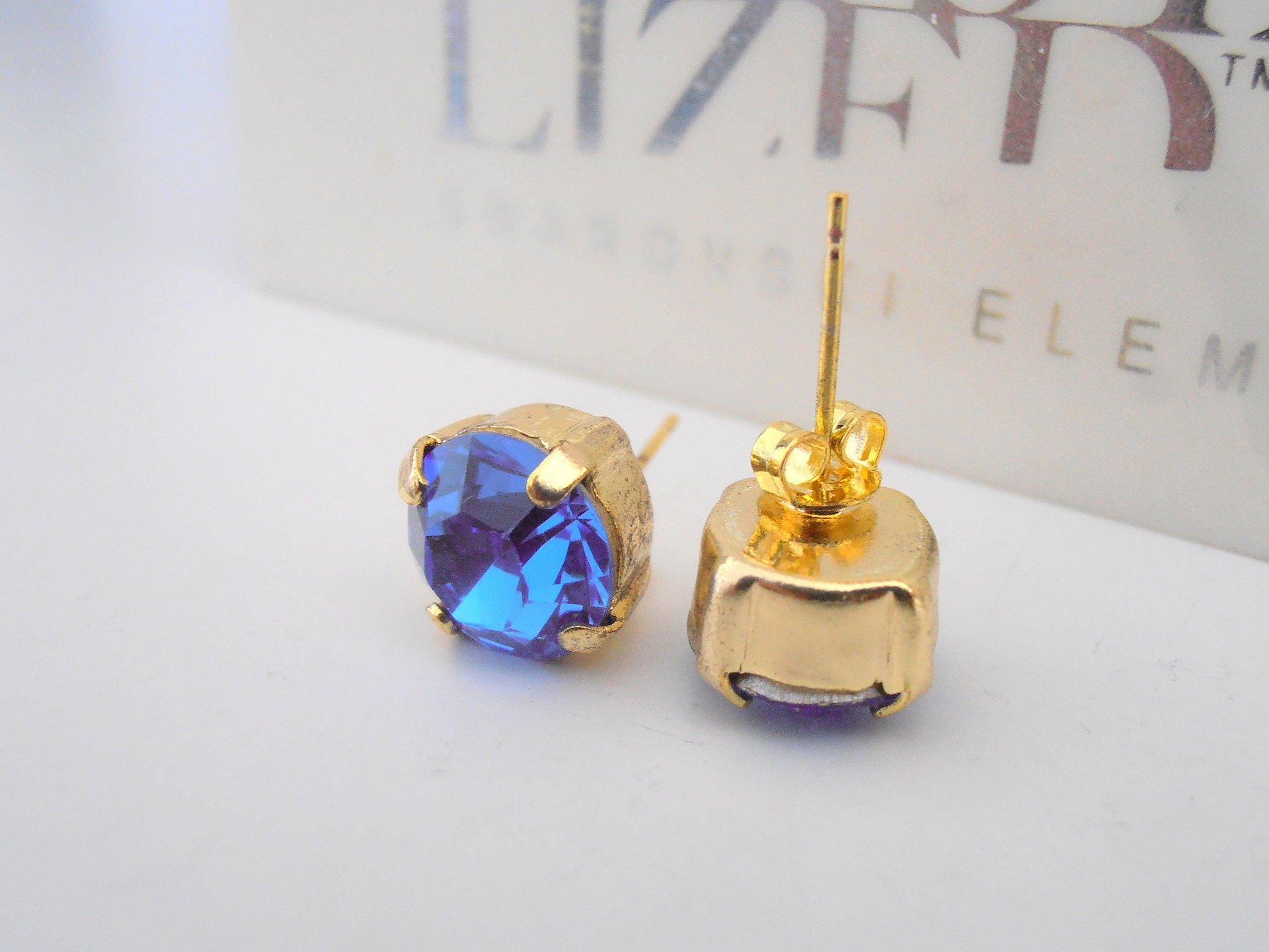 Blue Sapphire Stud Earrings, Pierced Post Earrings, Gold plated Setting, Fashion Trend Earrings, Costume Jewelry