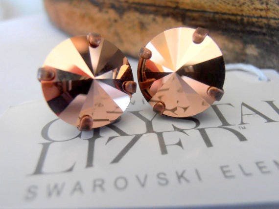 Rose Gold Copper Stud Earrings / Rivoli Crystal 12mm 1122 / Pierced Post Earrings / Birthday Gift for her /valentines present