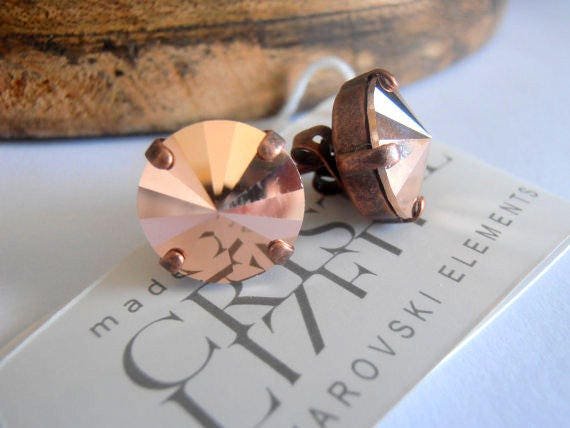 Rose Gold Copper Stud Earrings / Rivoli Crystal 12mm 1122 / Pierced Post Earrings / Birthday Gift for her /valentines present