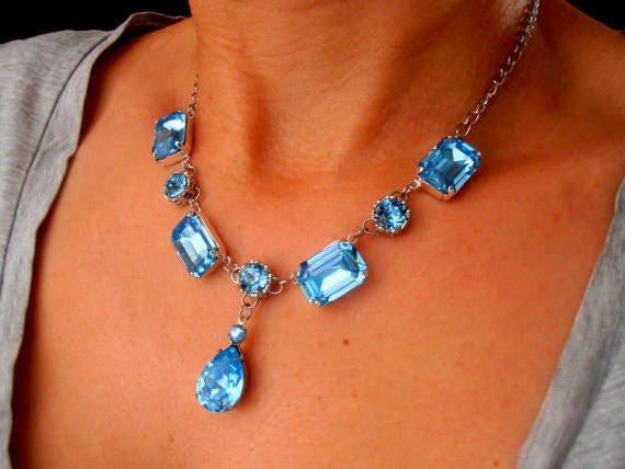 Aquamarine Crystal Bridgerton Y Necklace, Regency Jewelry, Georgian Blue Collet, Art Deco Birthday Gift, Anniversary