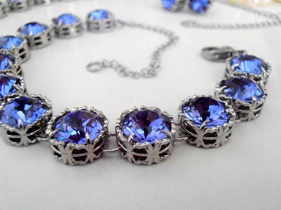 Tanzanite Crystal Necklace in Platinum, Art Deco Bridal Blue Choker, Wedding Statement Jewelry, Anniversary Gift for Wife