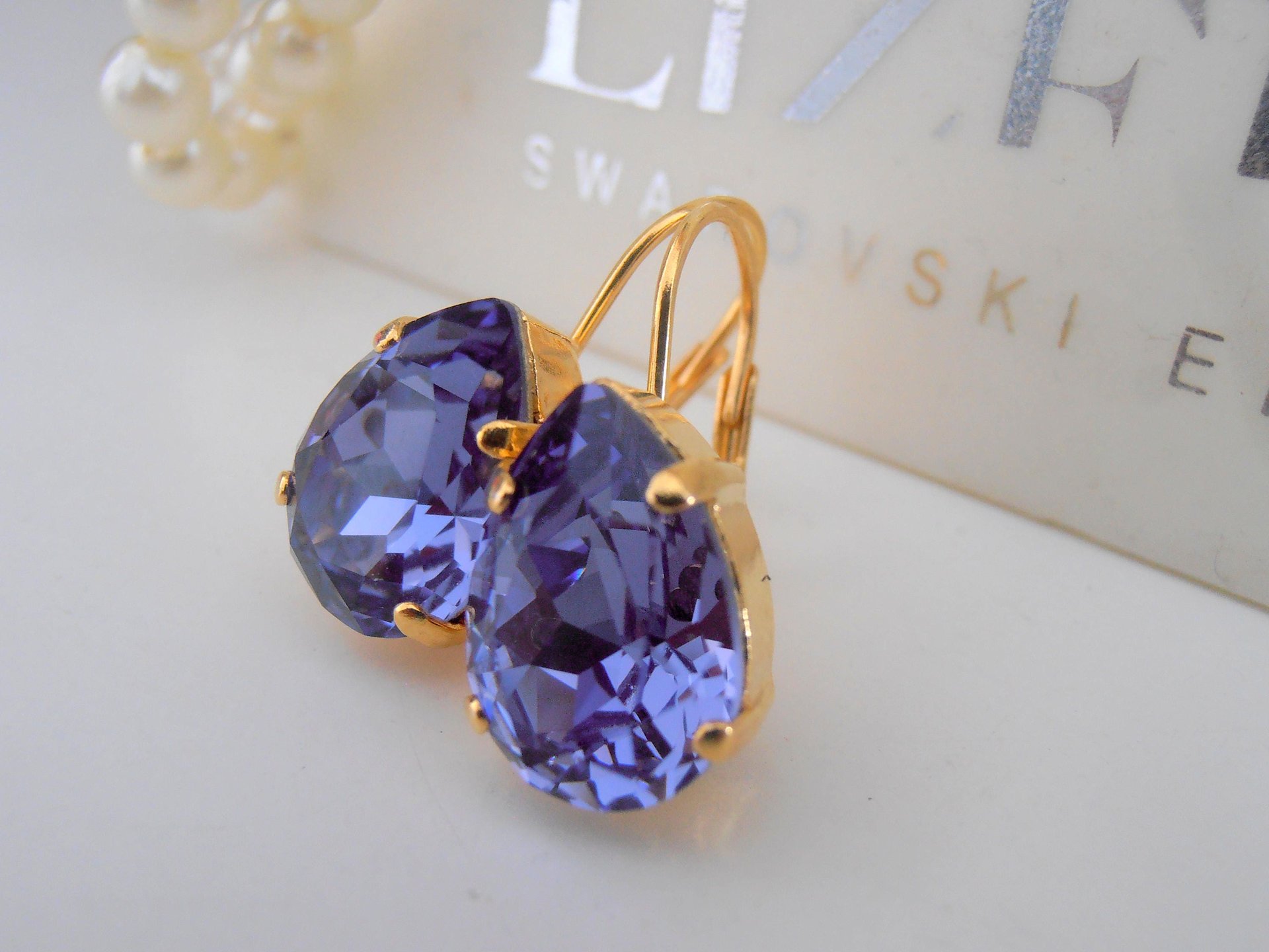 Tanzanite Teardrop Crystal Earrings, Dangle Wedding Jewelry, Bridesmaids Gift, Lever back Pear, 16th Birthday Gift