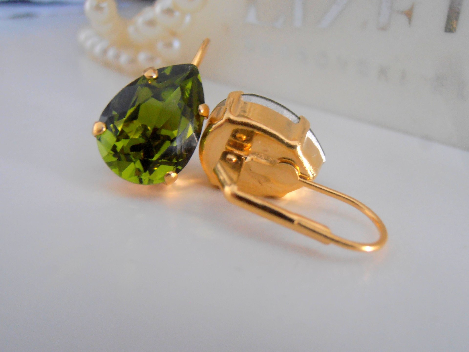 Green Olivine Teardrop Crystal Earrings in Gold