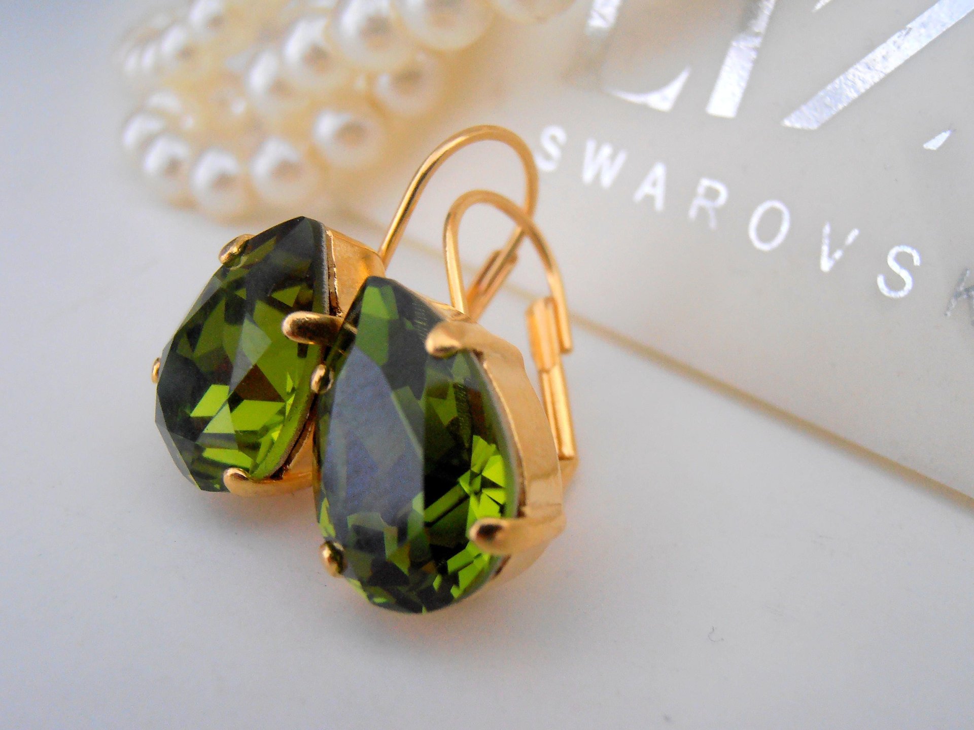 Green Olivine Teardrop Crystal Earrings in Gold