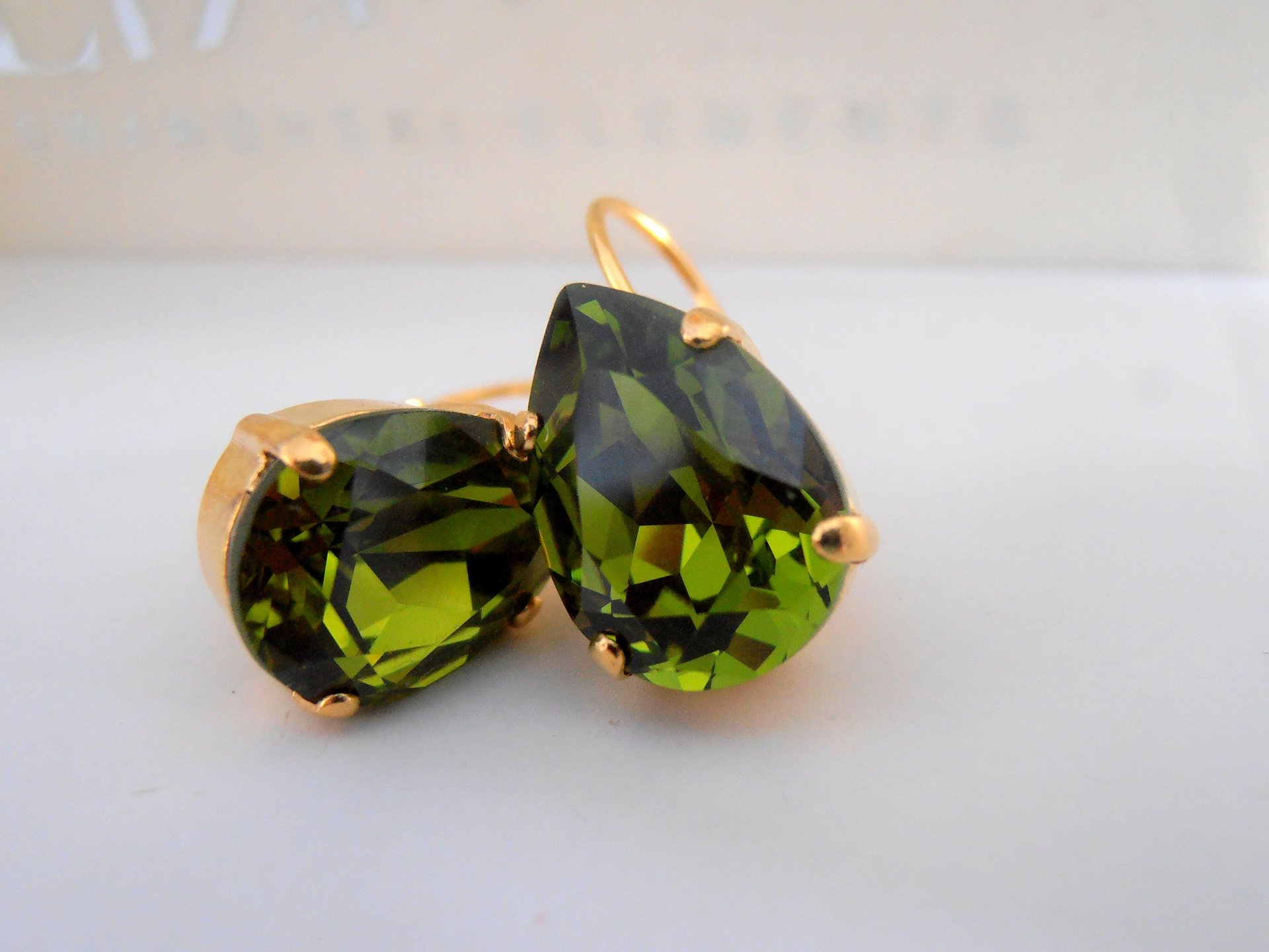 Green Olivine Teardrop Crystal Earrings in Gold