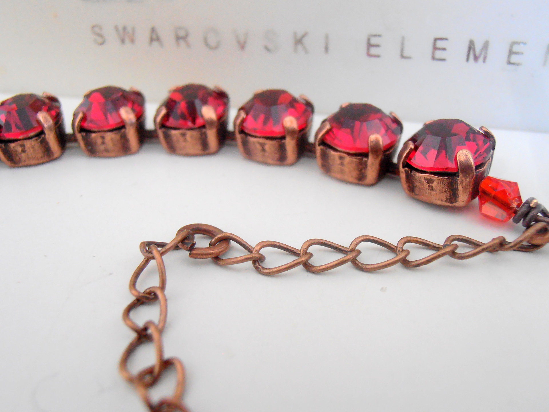 Vintage Red Tennis Bracelet / Copper Cupchain / Siam Crystals / Antique Jewelry / Gift for her / Valentines day Gift