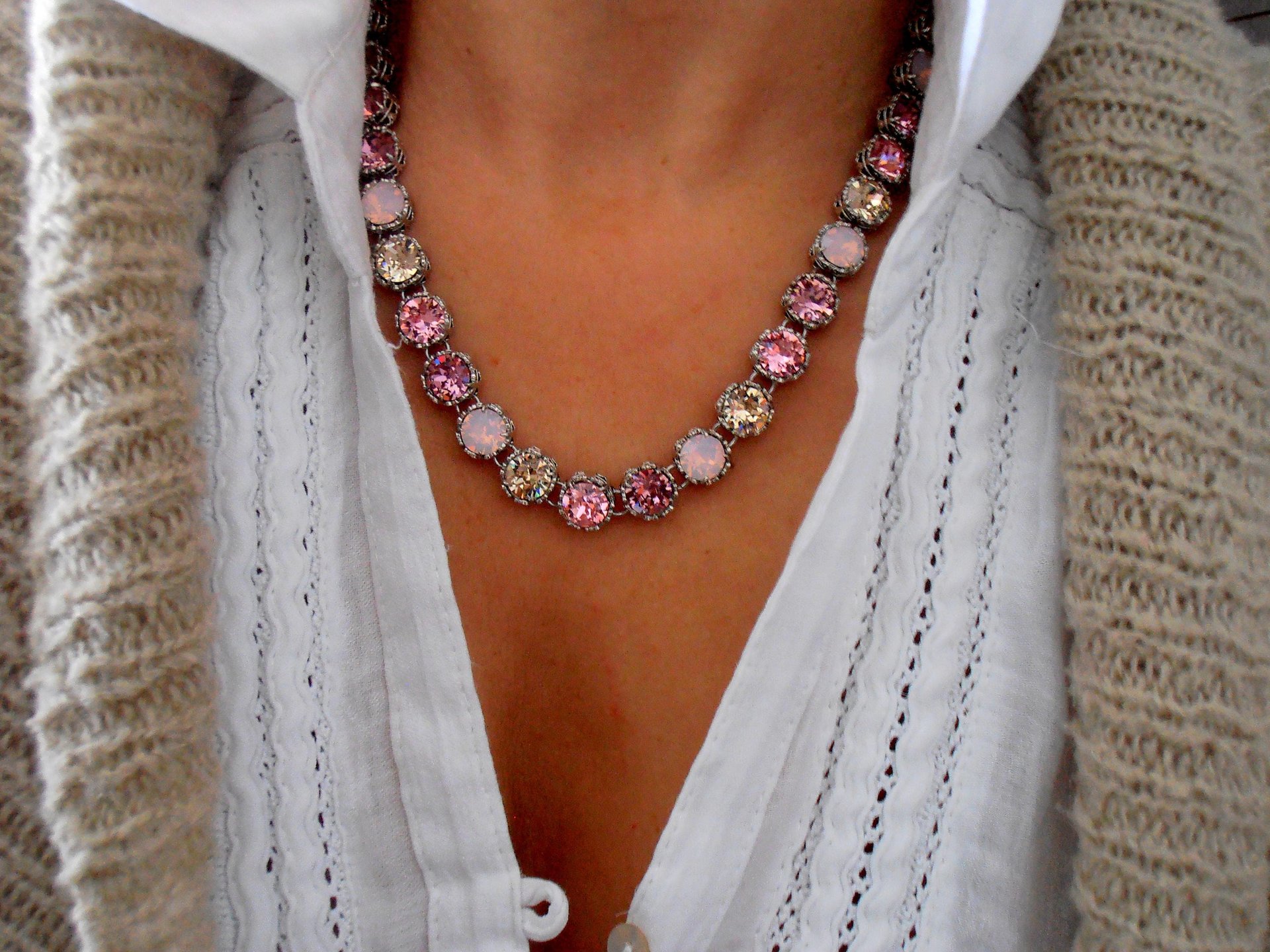 Rose water Opal Crystal Collet Necklace in Platinum