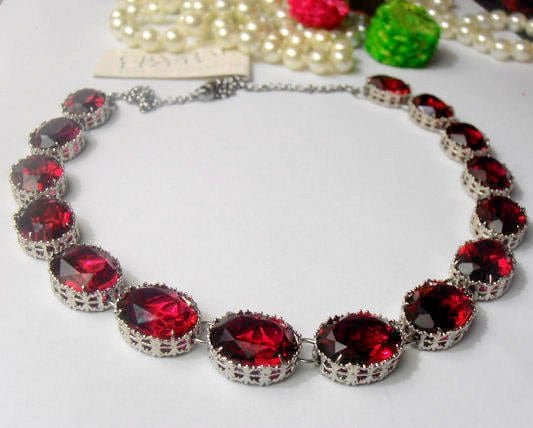 Ruby Crystal Riviere Choker Necklace in Platinum, Anna Wintour Red Collet, Women Art Deco Jewelry, Birthday Gift for Girlfriend