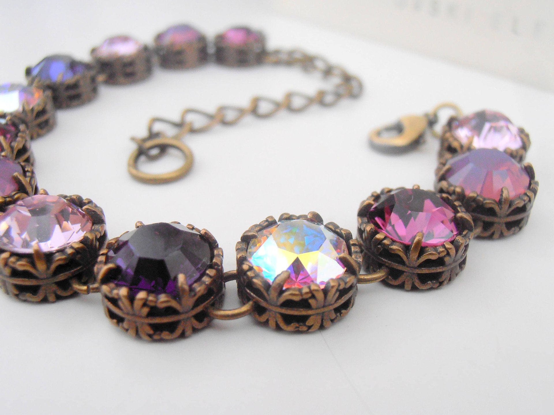 Art Deco Crystal Bracelet made with Multi-color Purple Crystals Antique Bronze Jewelry Gift for Mom Vintage Filigree Bracelet