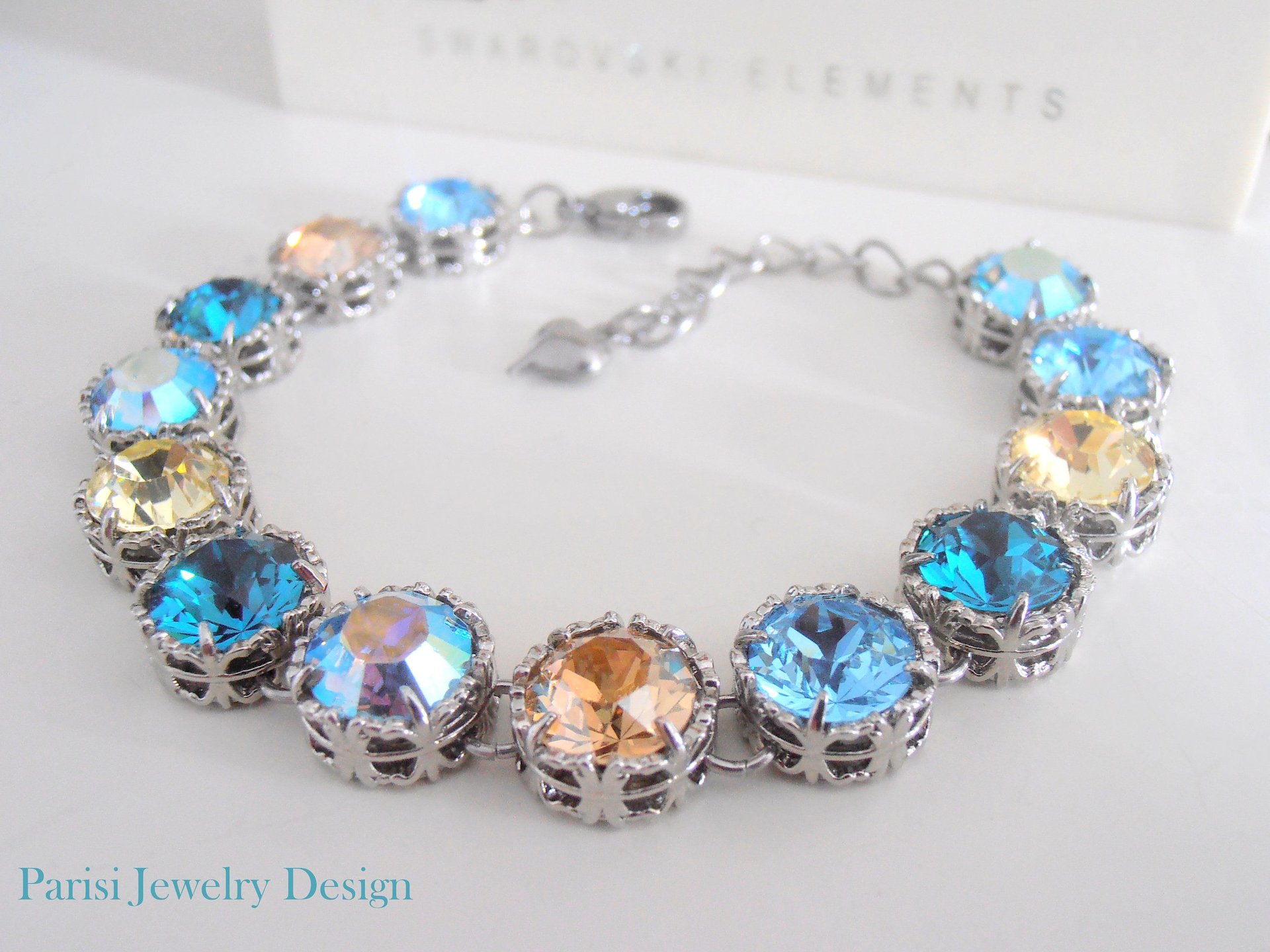 Turquoise Summer Blue Crystal Bracelet / Art Deco Platinum Filigree Jewelry / Womens Birthday Gift