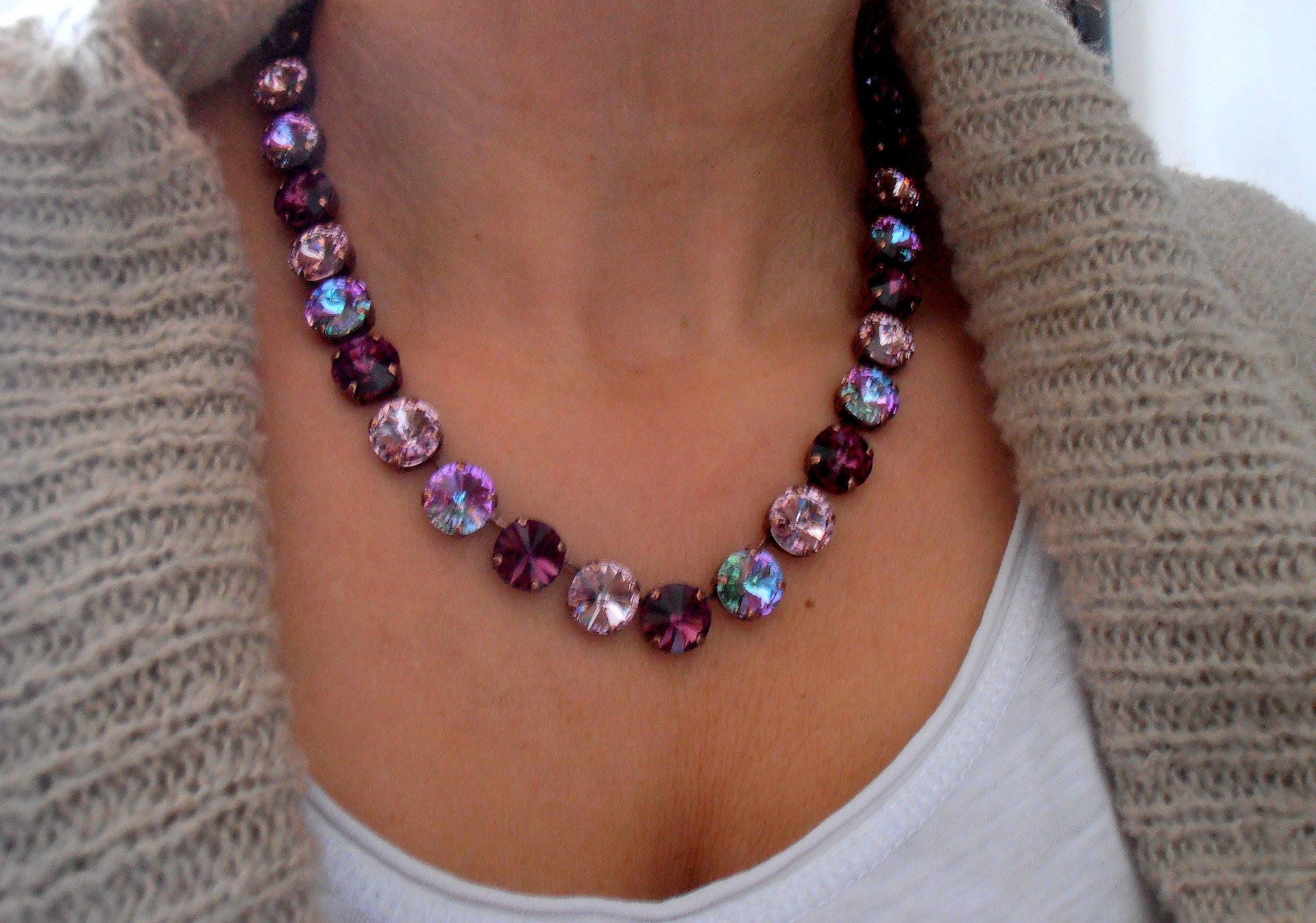 Amethyst Crystal Rivoli Necklace, Anna wintour collet, Tennis Cup chain Choker 12mm, Purple Multicolors, Birthday Gift