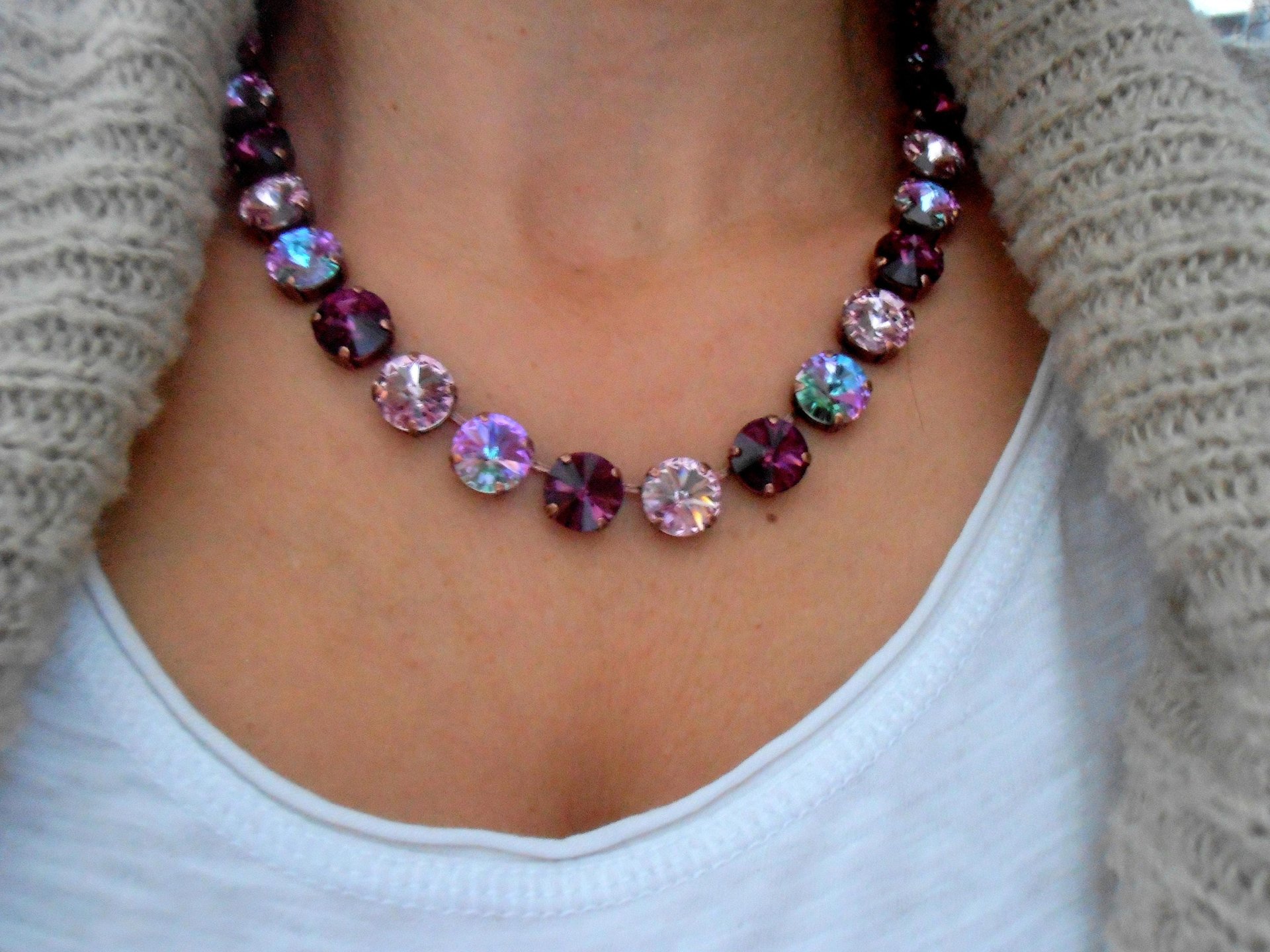 Amethyst Crystal Rivoli Necklace, Anna wintour collet, Tennis Cup chain Choker 12mm, Purple Multicolors, Birthday Gift