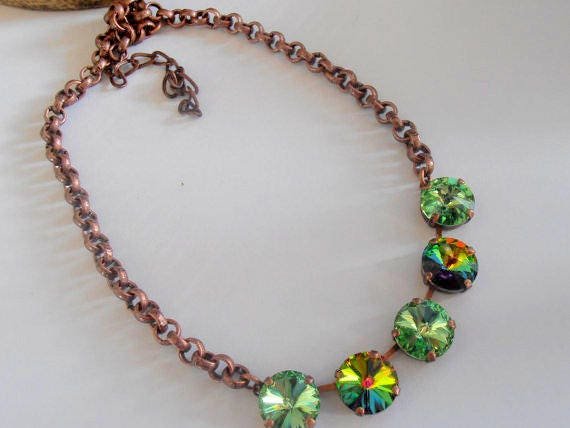 Chrysolite Medium Vitrail Crystal Rivoli Necklace 1122, Cup chain Tennis, Antique copper Jewelry, Victorian Valentine's day Gift