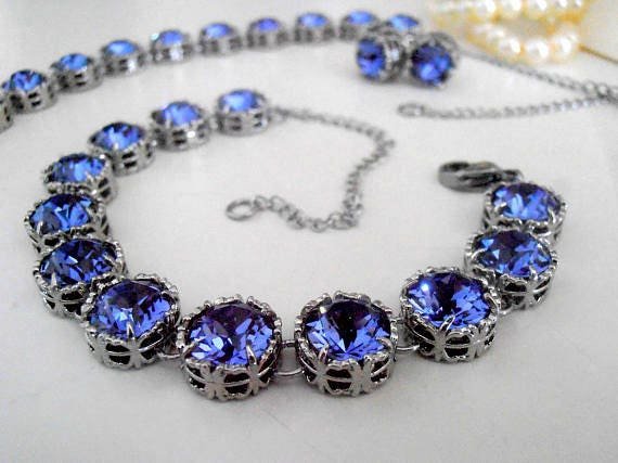 Tanzanite Crystal Necklace in Platinum, Art Deco Bridal Blue Choker, Wedding Statement Jewelry, Anniversary Gift for Wife