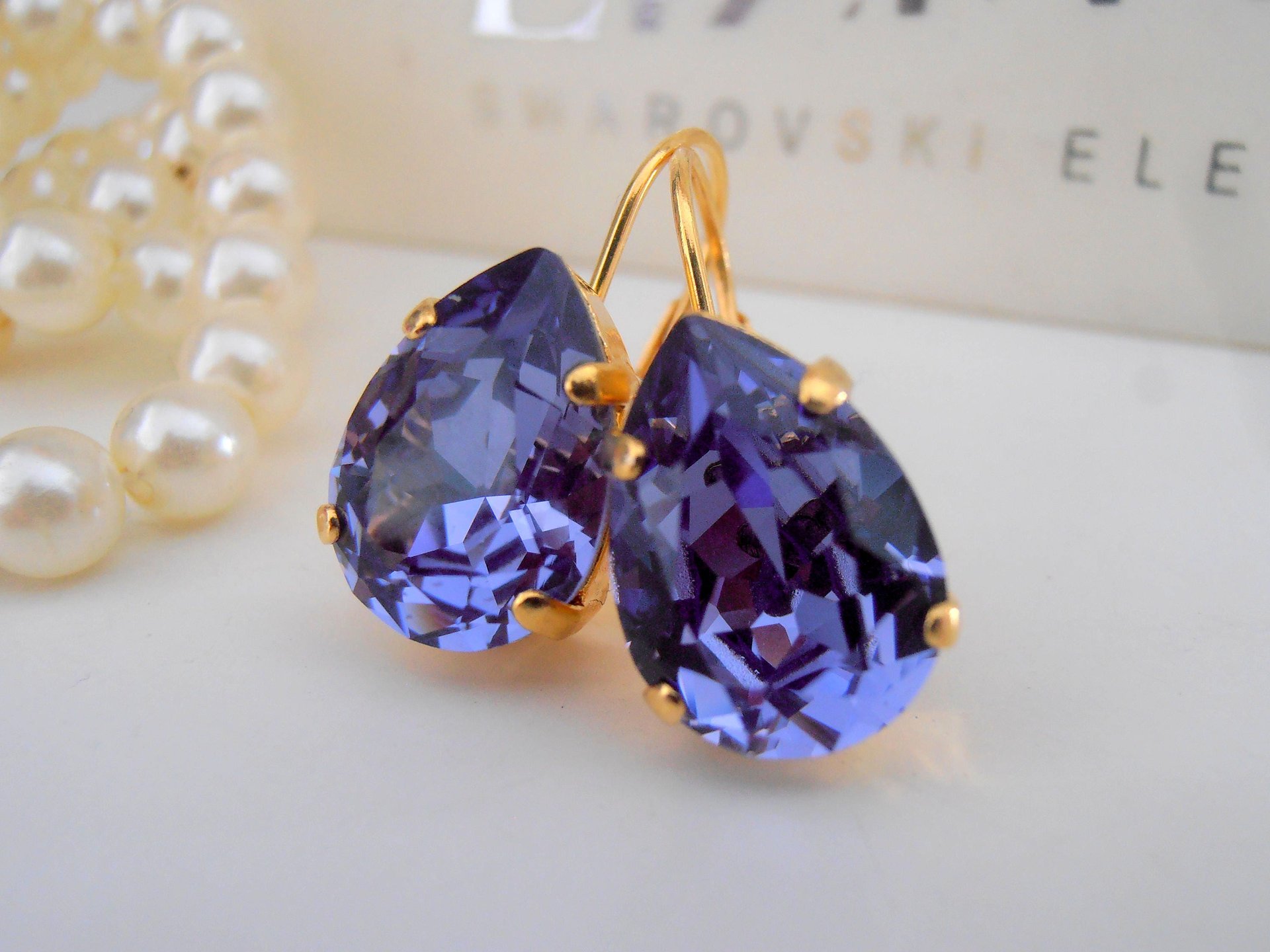 Tanzanite Teardrop Crystal Earrings, Dangle Wedding Jewelry, Bridesmaids Gift, Lever back Pear, 16th Birthday Gift