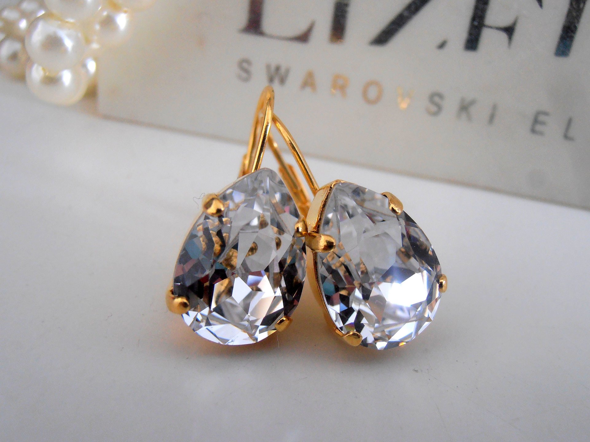 Clear Pear Crystal Teardrop Dangle Earrings in Gold | Wedding Jewelry | Bridesmaids Sparkling Gift